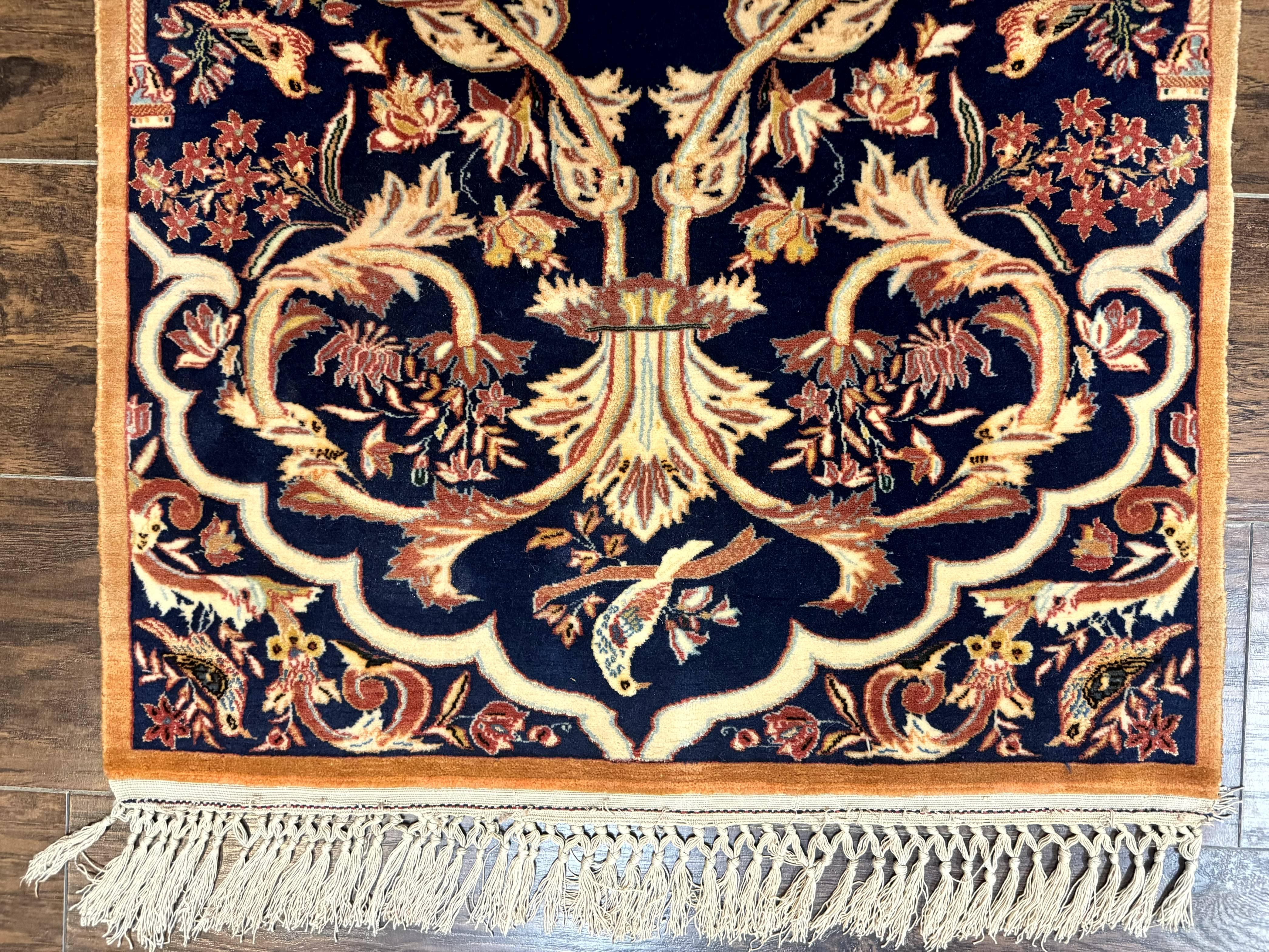 Persian Isfahan Rug 2x4, Birds, Navy Blue, Kork Wool on Silk Foundation, 460 KPSI - Jewel Rugs