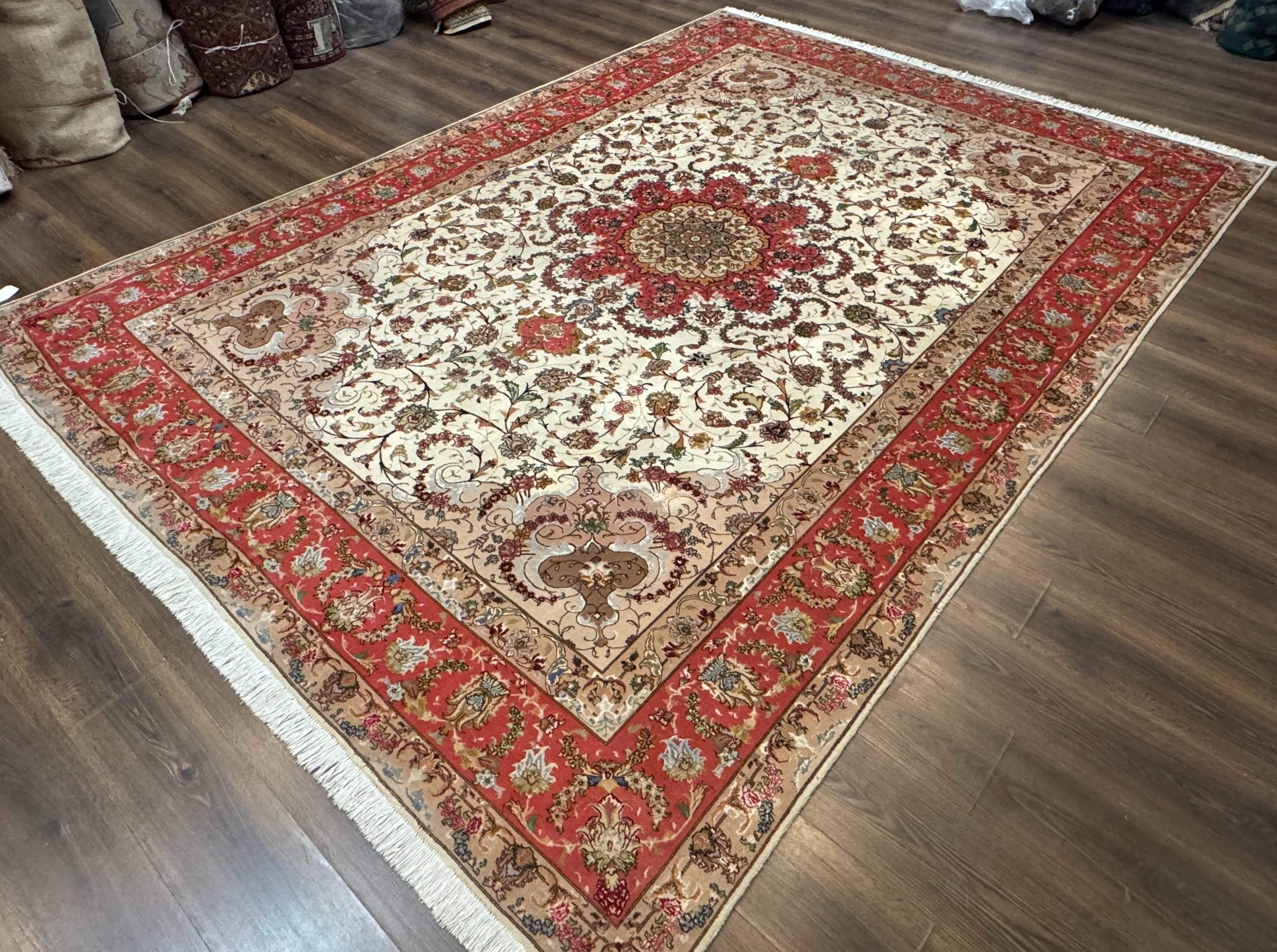 Persian Tabriz Rug 8x12 – Ivory and Coral Red, Hand-Knotted Wool Fine Carpet - Jewel Rugs