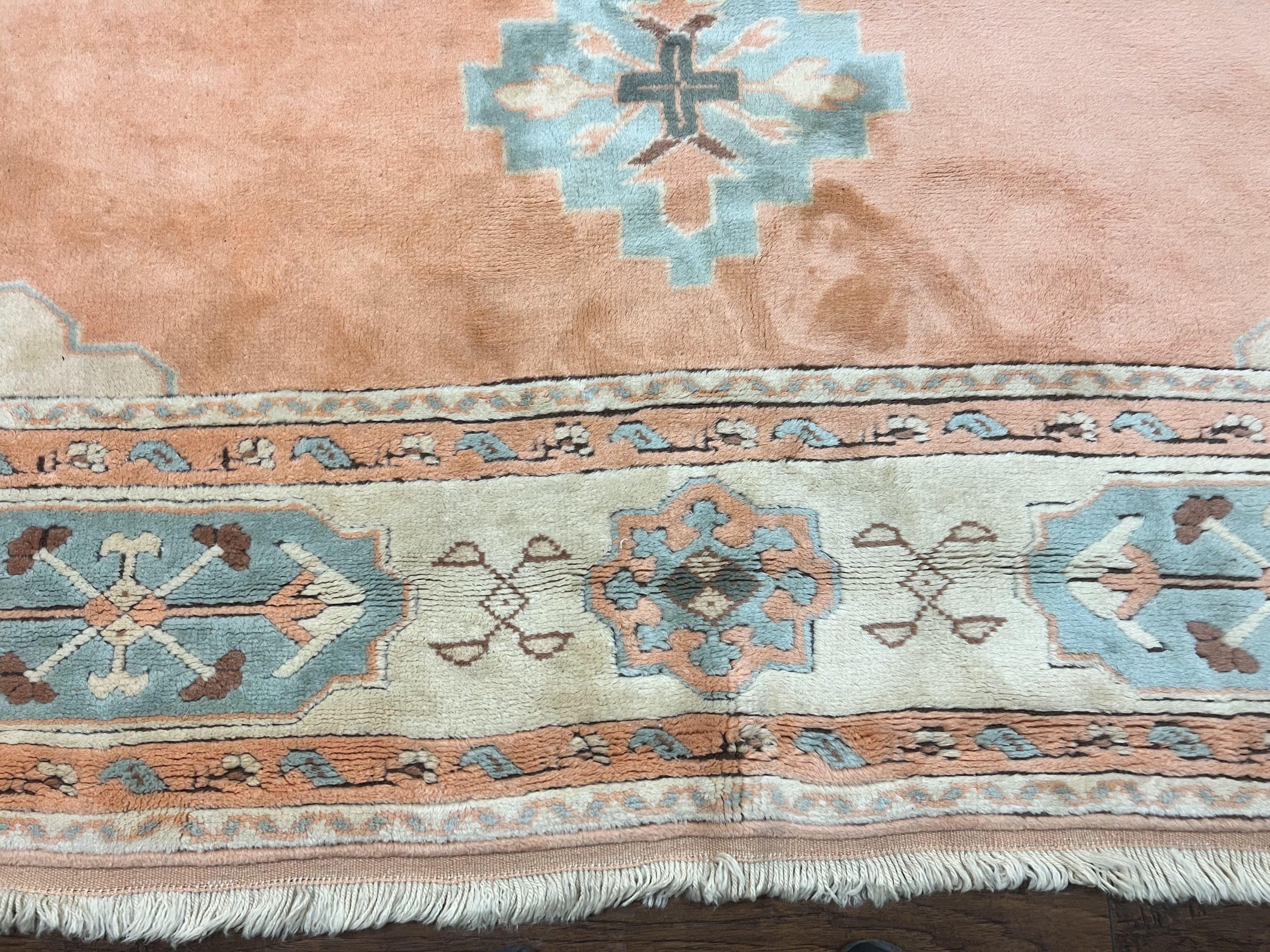 Turkish Oushak Rug 9x12, Wool Hand Knotted Vintage Carpet, Peach Cream Light Blue Room Sized Oriental Rug - Jewel Rugs