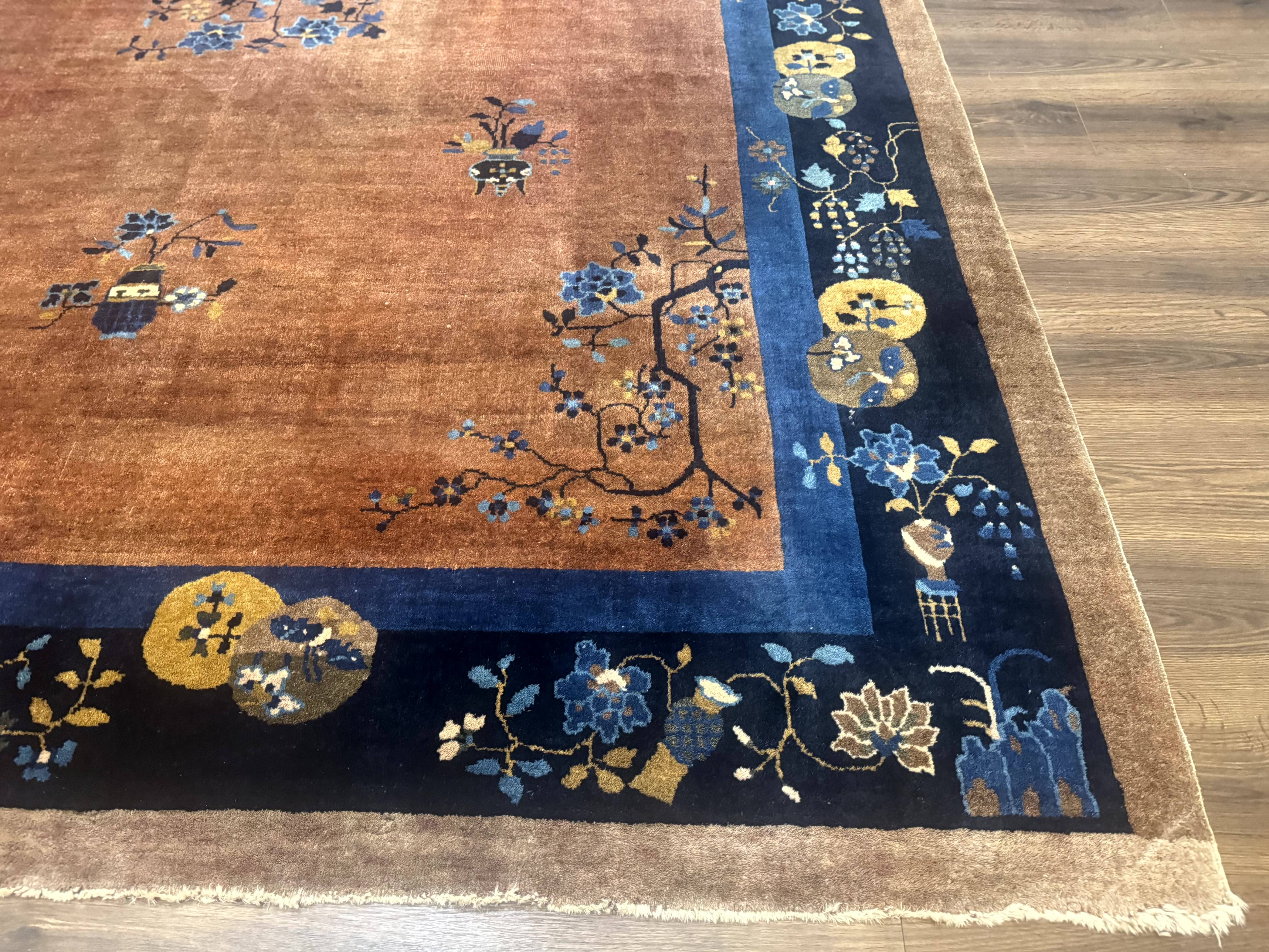 Antique Chinese Wool Rug 9x12, Light Brown and Navy Blue, Fete Peking Art Deco - Jewel Rugs