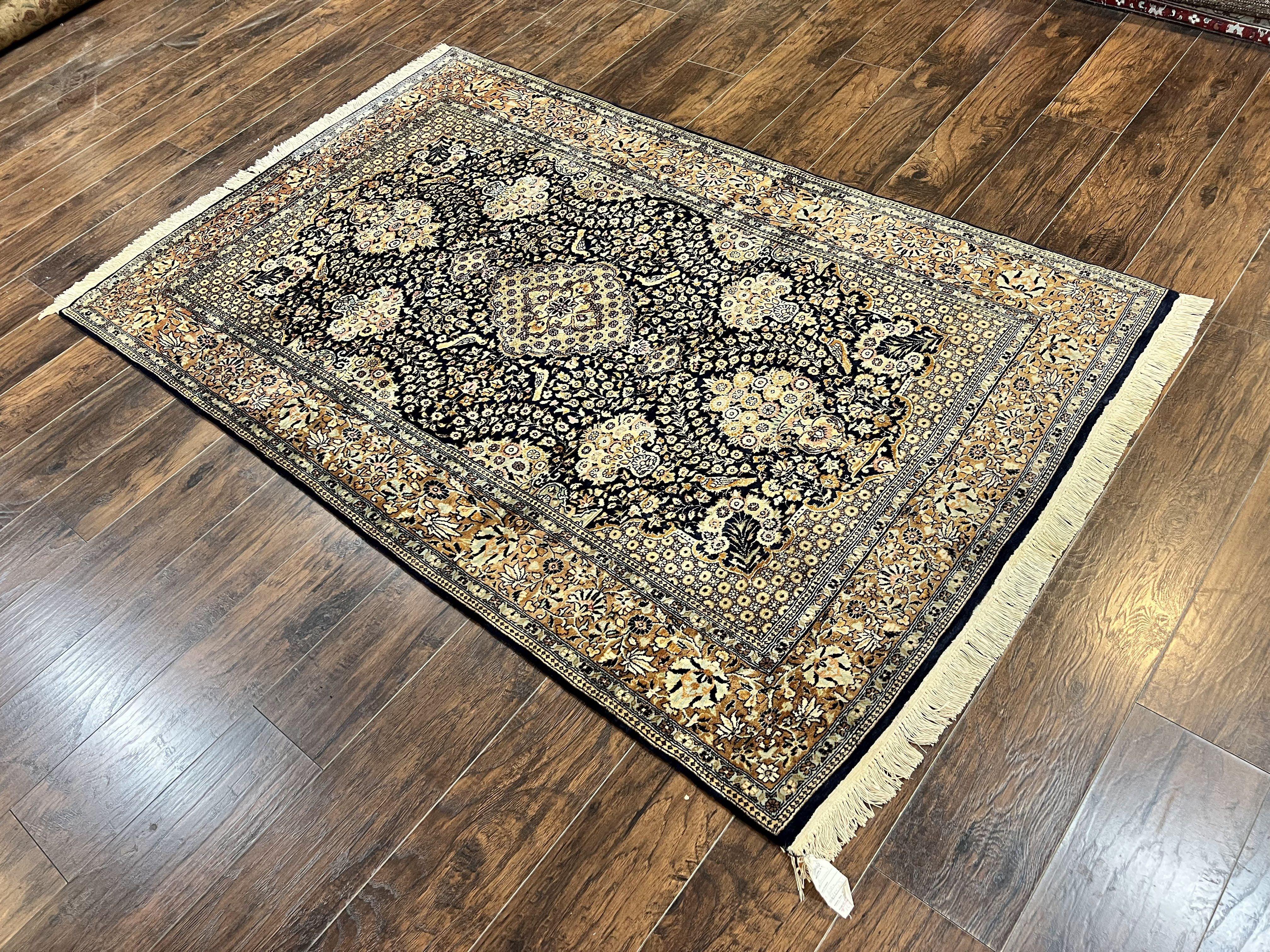 Pak Persian Rug 5x7, Wool Hand Knotted Vintage Fine Oriental Carpet, Birds, Floral Medallion, Traditional Oriental Rug, Dark Blue - Jewel Rugs