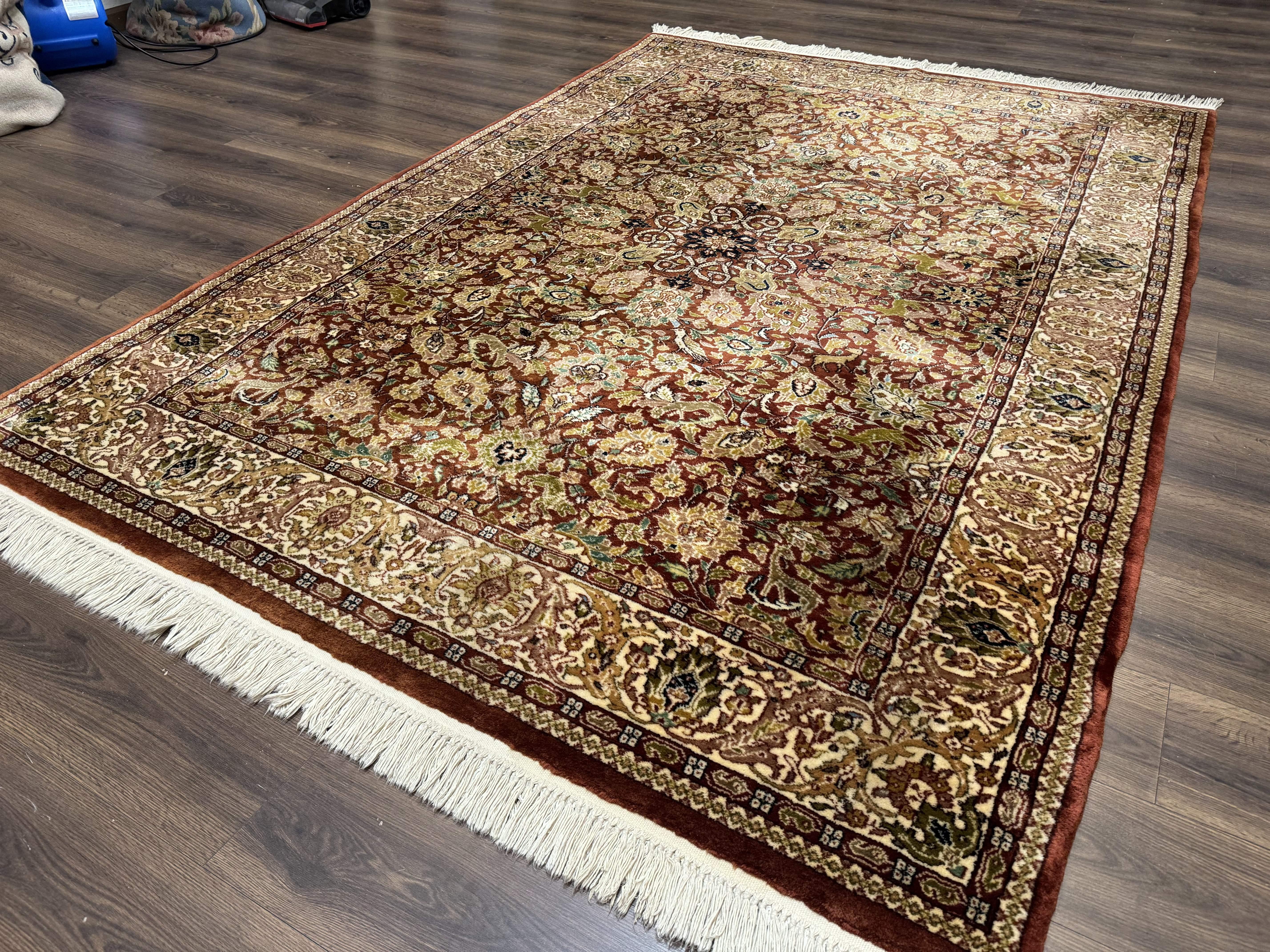 Tree of Life Indian Kashmiri Rug 6x9, Rust Red and Cream, Animal Pictorials, Fine 290 KPSI - Jewel Rugs