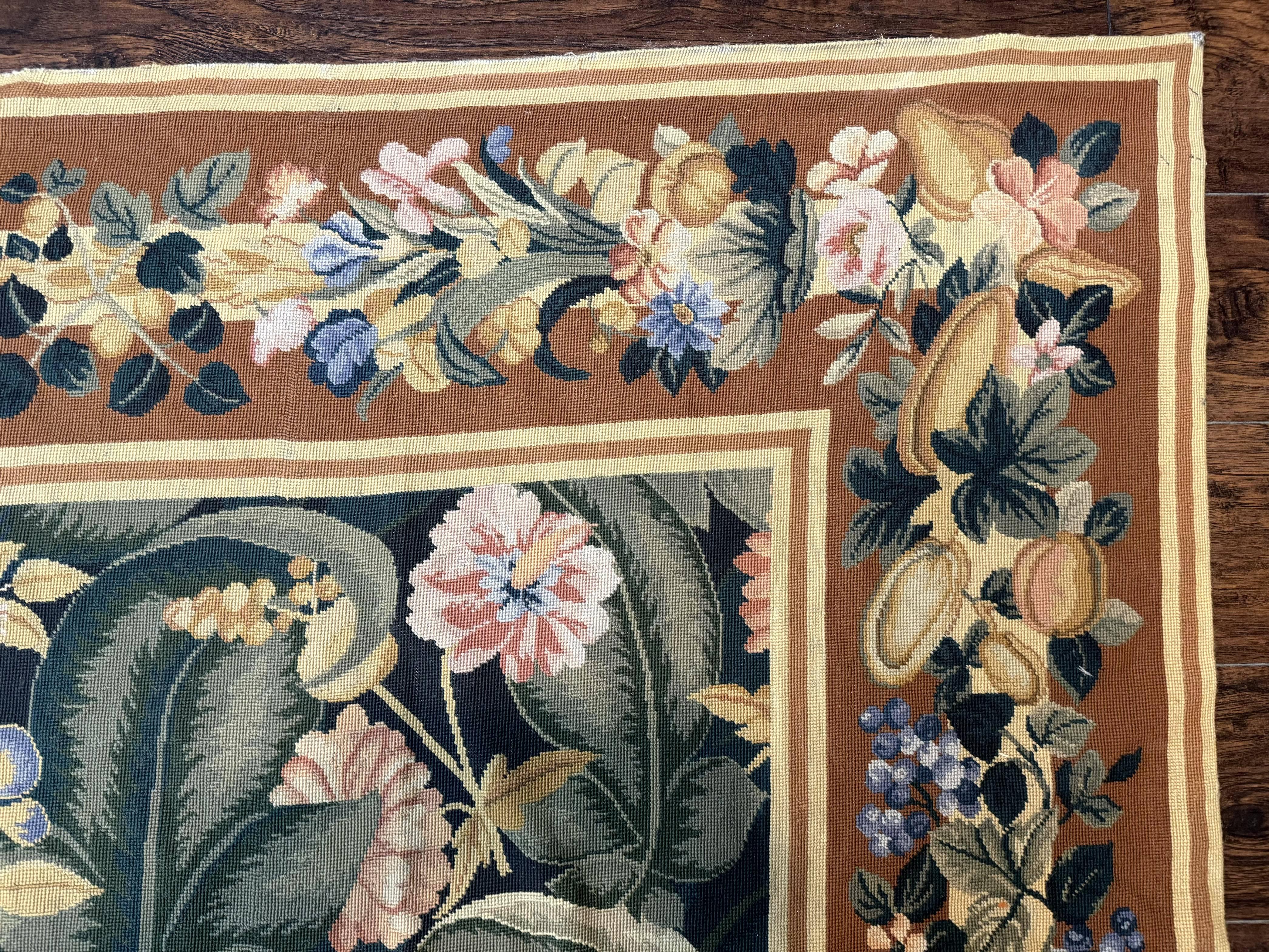 Needlepoint Rug 8x10, Vintage, Handmade, Wool, Green, Leaves & Fruits - Jewel Rugs