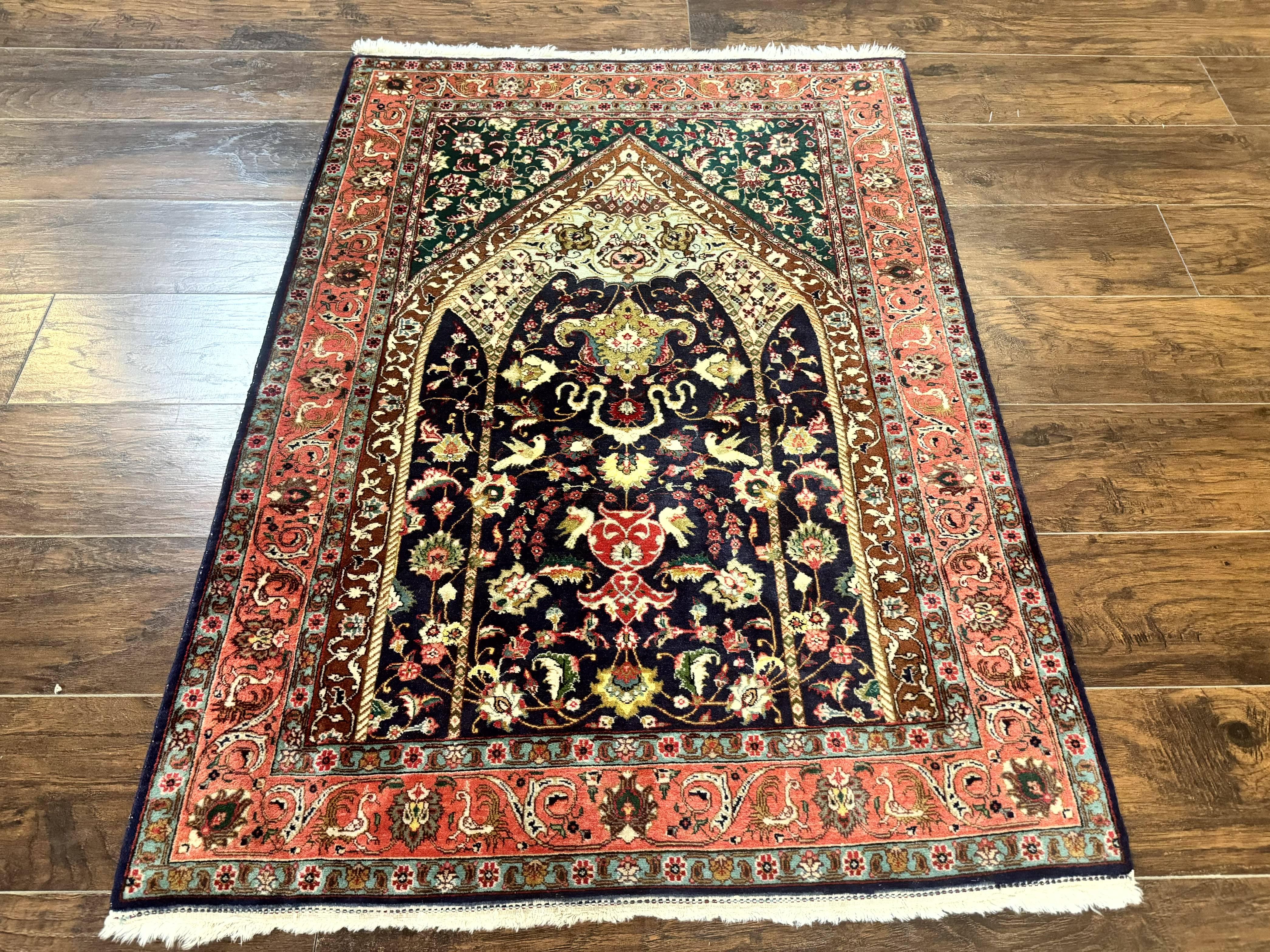 Persian Tabriz Rug 3x4, Navy Blue, Birds, Floral, Prayer Rug, Handmade Wool Rug, Finely Hand Knotted 325 KPSI - Jewel Rugs