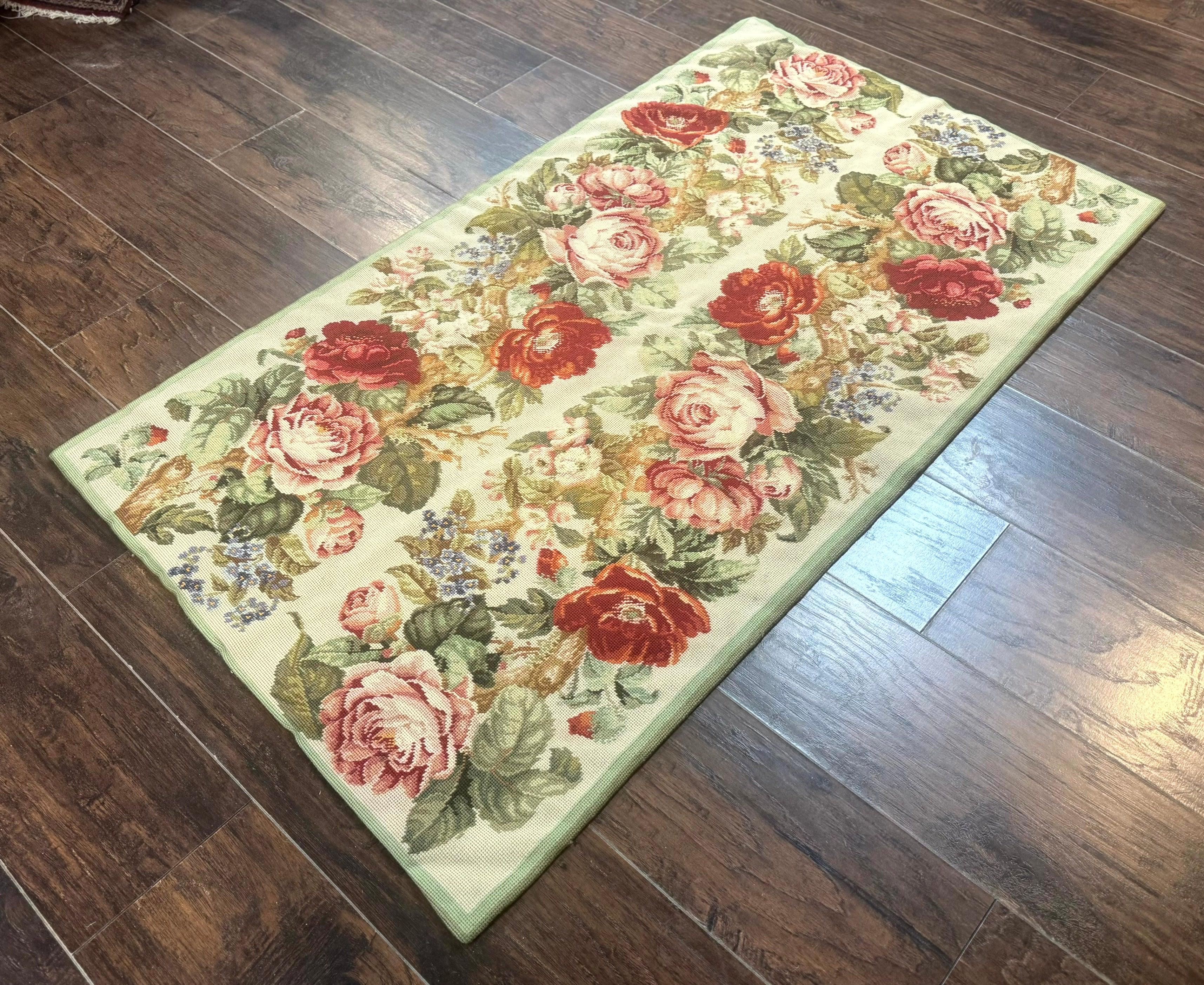 Small Needlepoint Rug 2.8 x 4.7, Floral, Vintage - Jewel Rugs