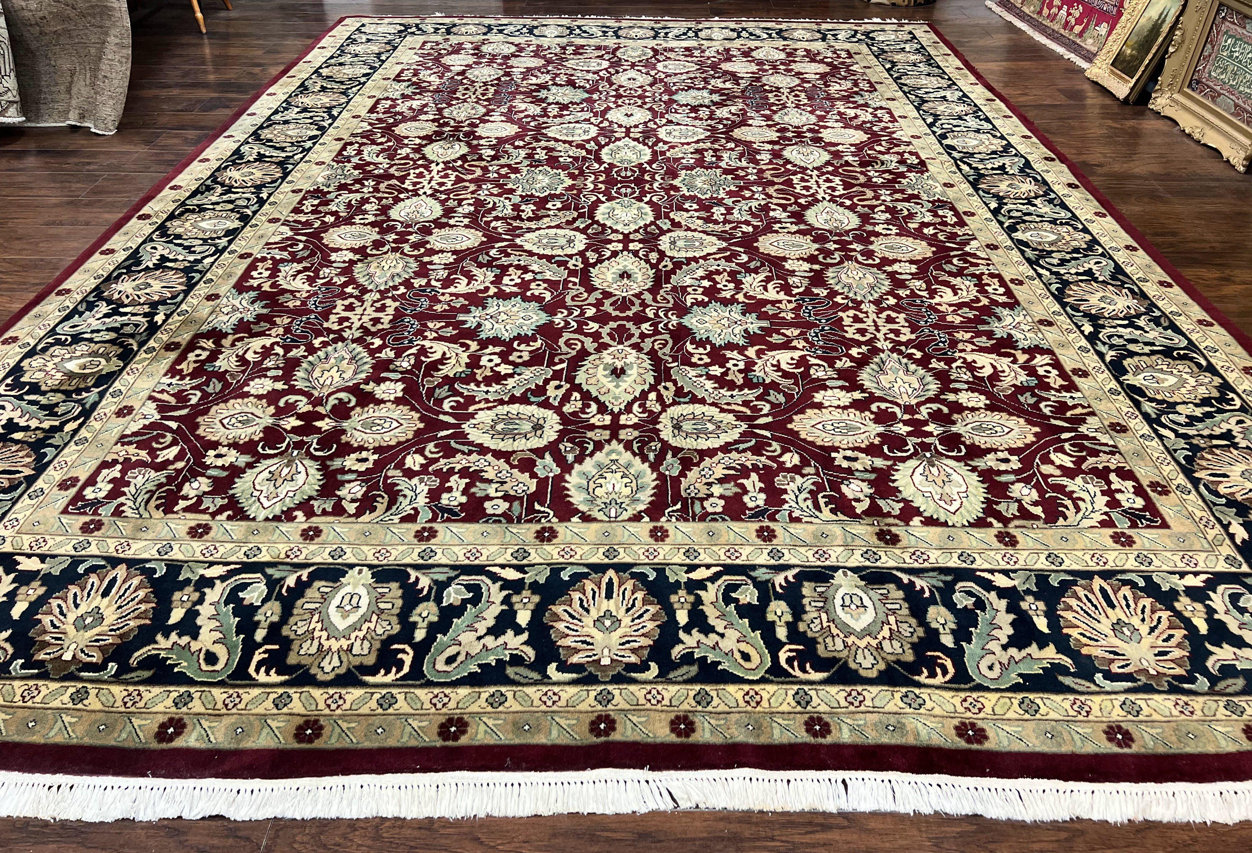 Indo Persian Rug 10x14, Floral Allover, Maroon, Handmade Hand Knotted VIntage Wool Rug, Large Oriental Carpet - Jewel Rugs