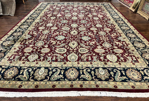 Indo Persian Rug 10x14, Floral Allover, Maroon, Handmade Hand Knotted VIntage Wool Rug, Large Oriental Carpet