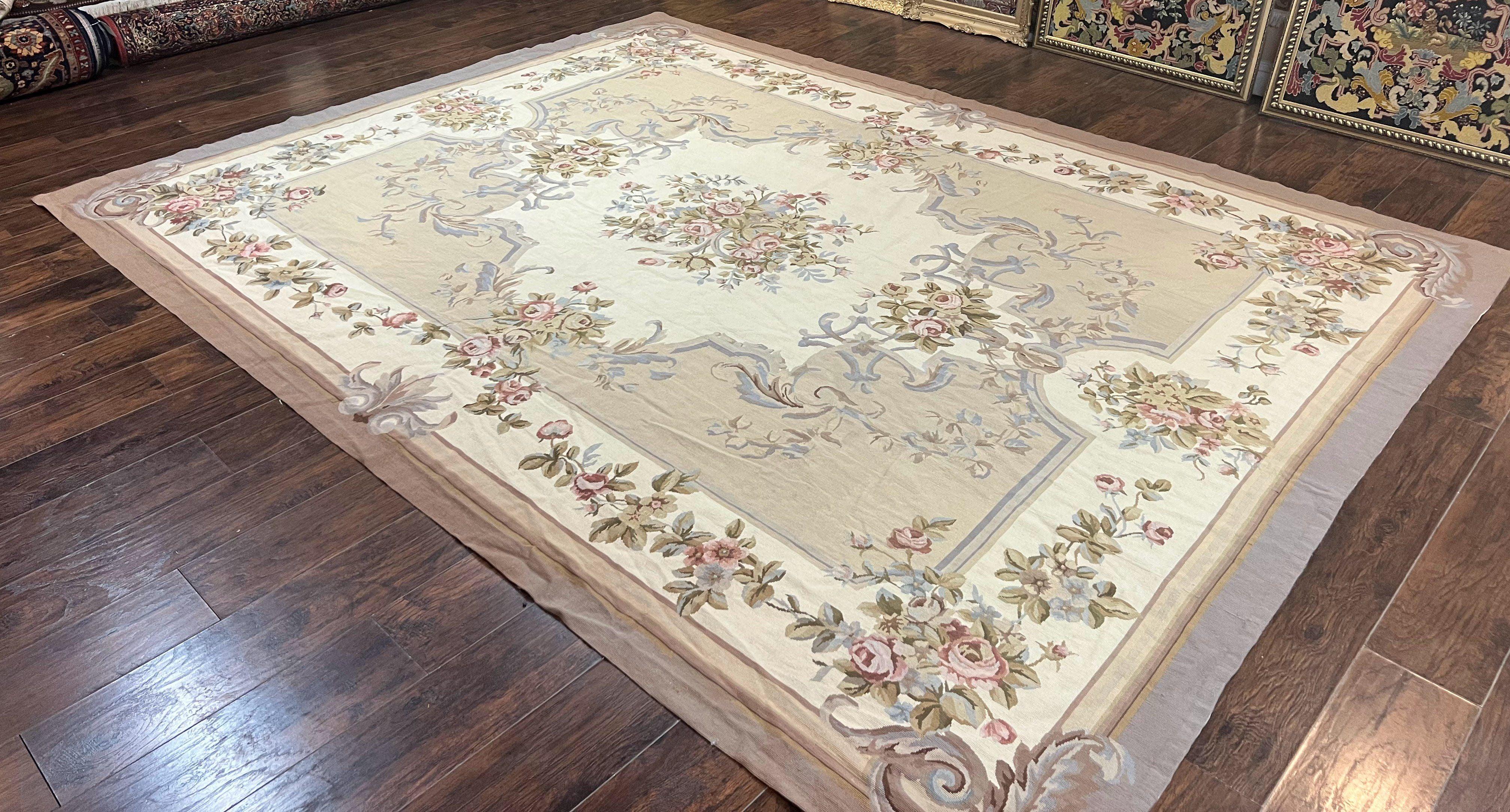 Aubusson Needlepoint Rug 9x12, VIntage Handmade Wool Beige Floral European Elegant Rug 9 x 12, Floral Roses - Jewel Rugs