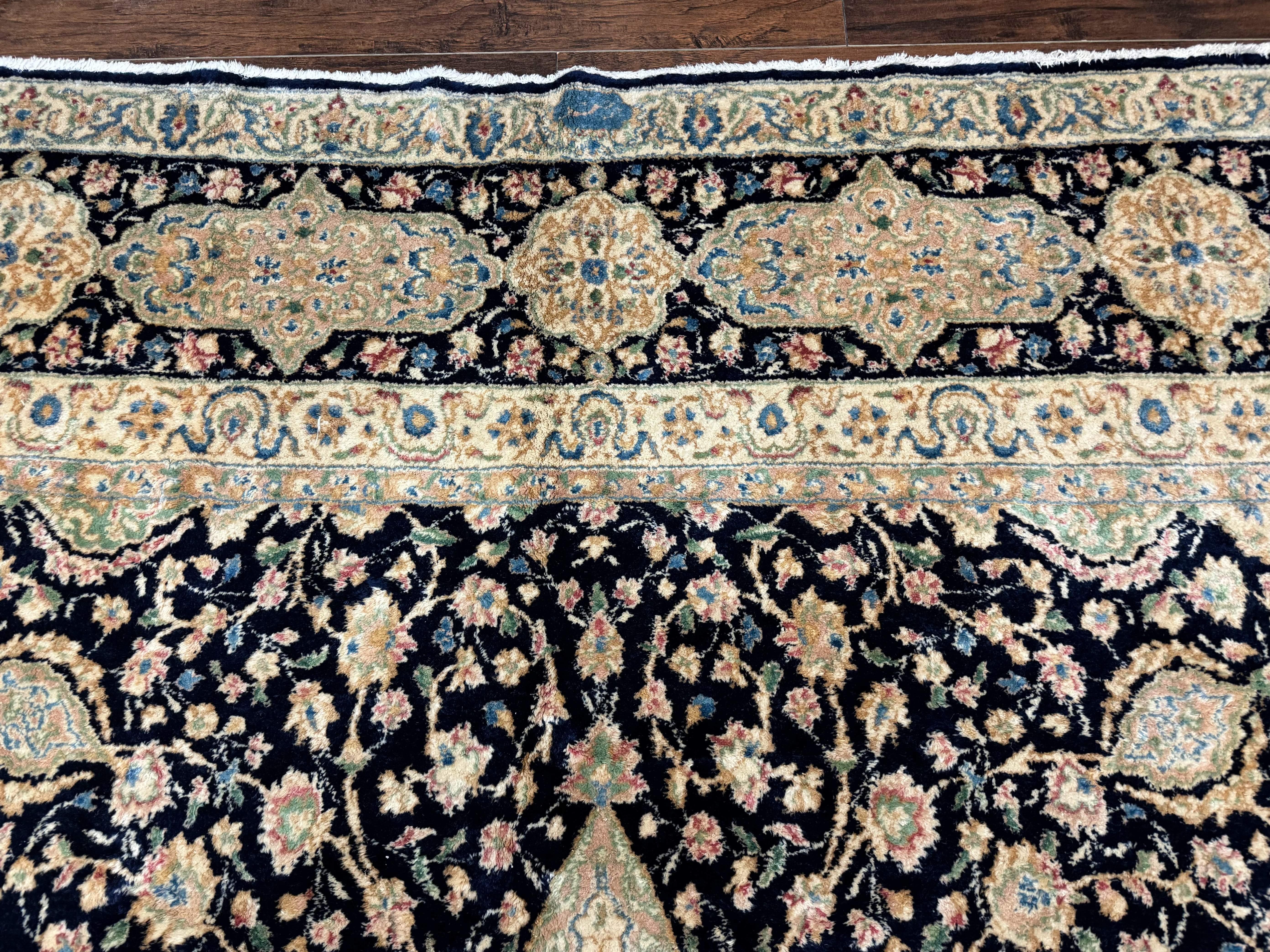 Large Persian Kerman Rug 10x14, Navy Blue and Beige, Floral Medallion, Traditional Elegant Persian Carpet, Signed by Masterweaver - Jewel Rugs