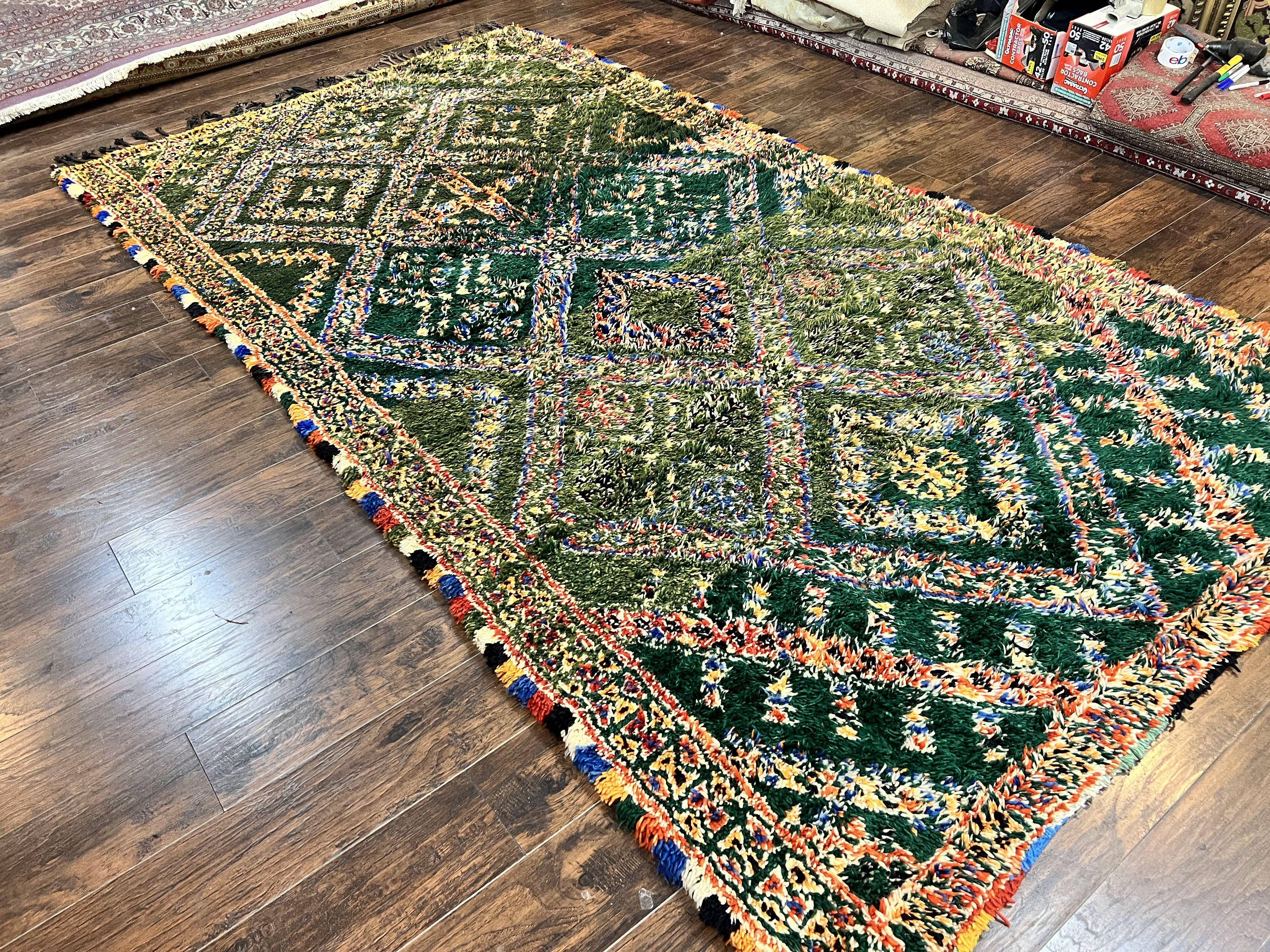 Large Moroccan Shag Rug 6x12, Green Multicolor Colorful Boho Rug, Handmade Hand Knotted Wool Carpet, Geometric Design, Vintage Rug - Jewel Rugs