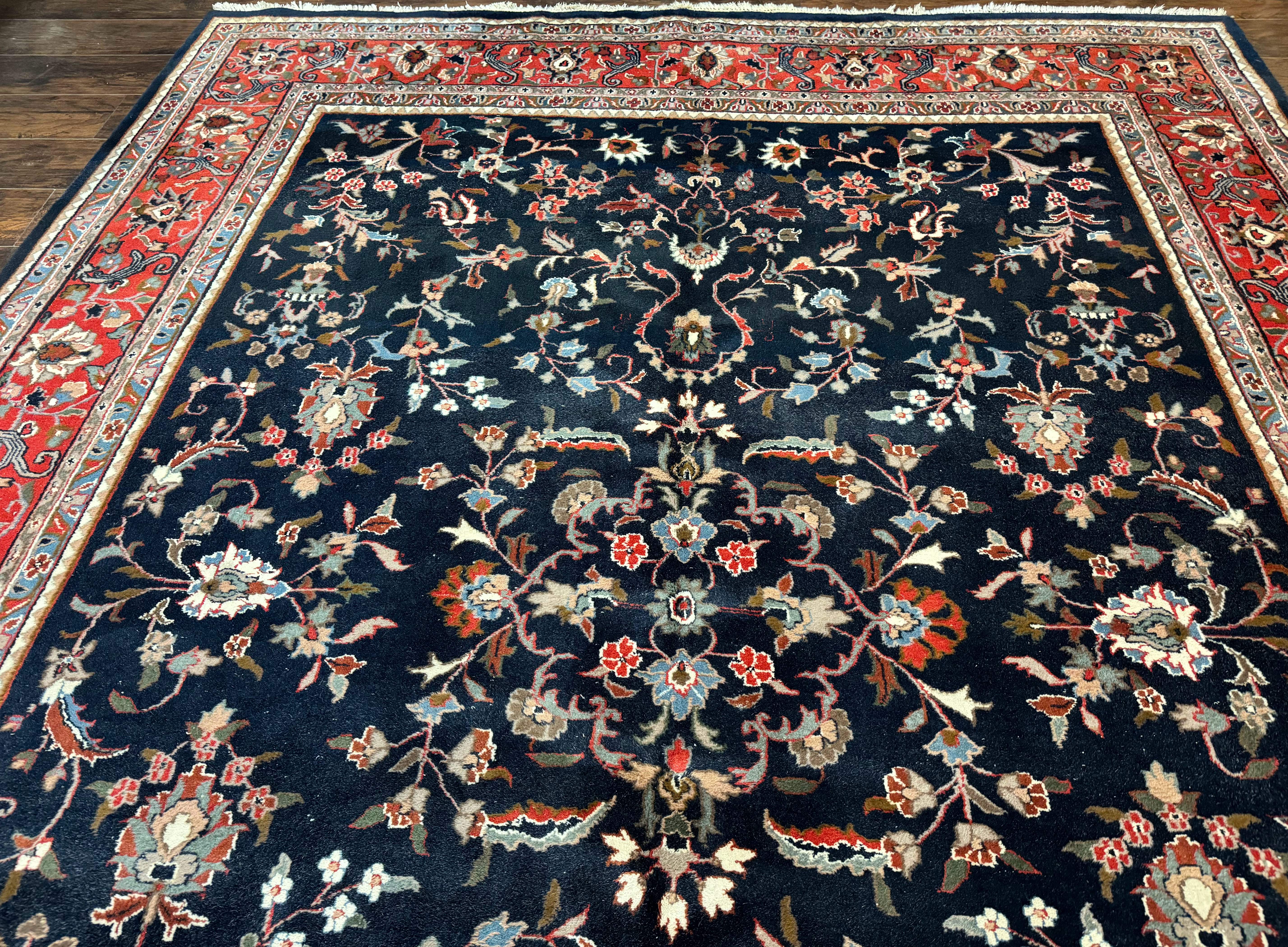 Indo Persian Sarouk Rug 9x12 – Navy and Red, Hand-Knotted Wool Vintage Carpet, Allover Pattern - Jewel Rugs