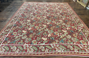 Indian Hand Stitched Rug 8x10, Large Vintage Floral Handmade Carpet, Dark Red Multicolor