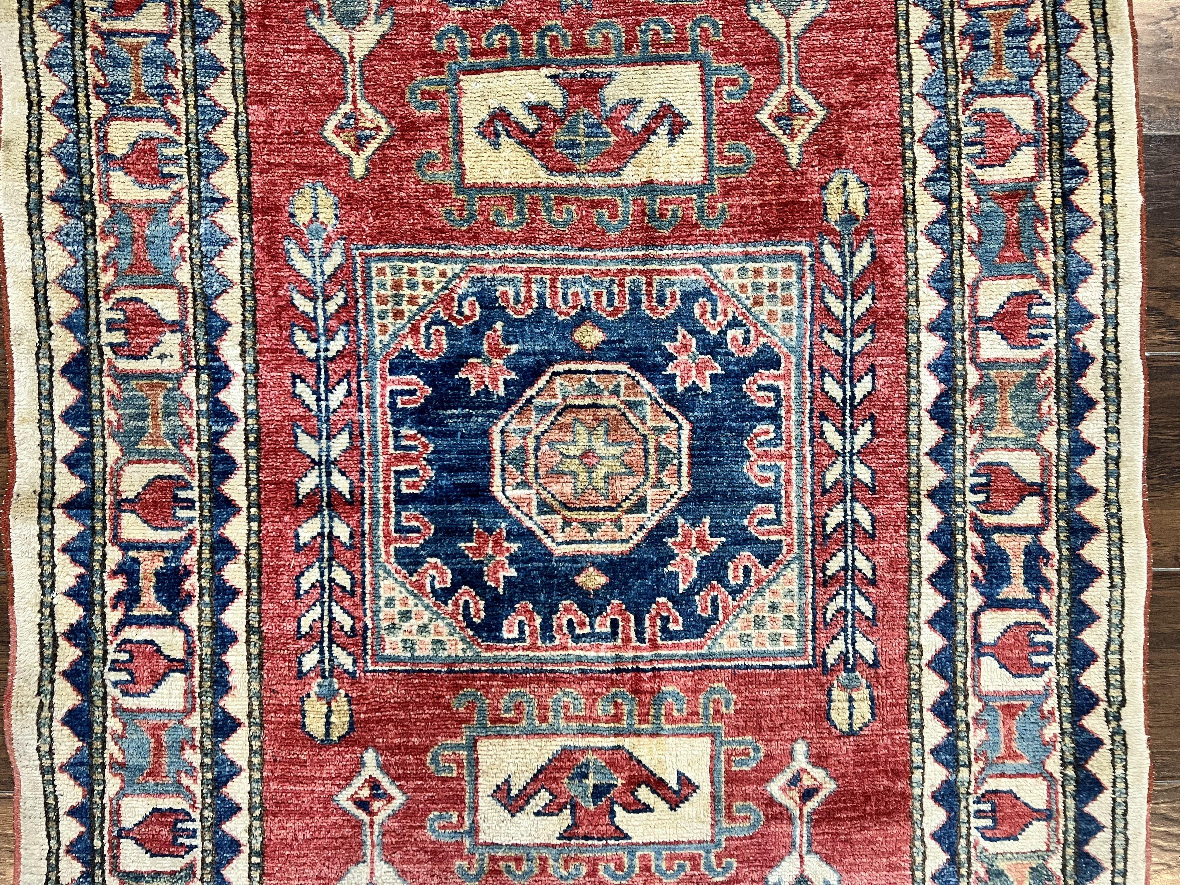 Turkish Kazak Rug 3x4, Wool Hand Knotted Small Vintage Carpet, Red Navy Blue, 3 x 4 Oriental Rug, Geometric Design - Jewel Rugs