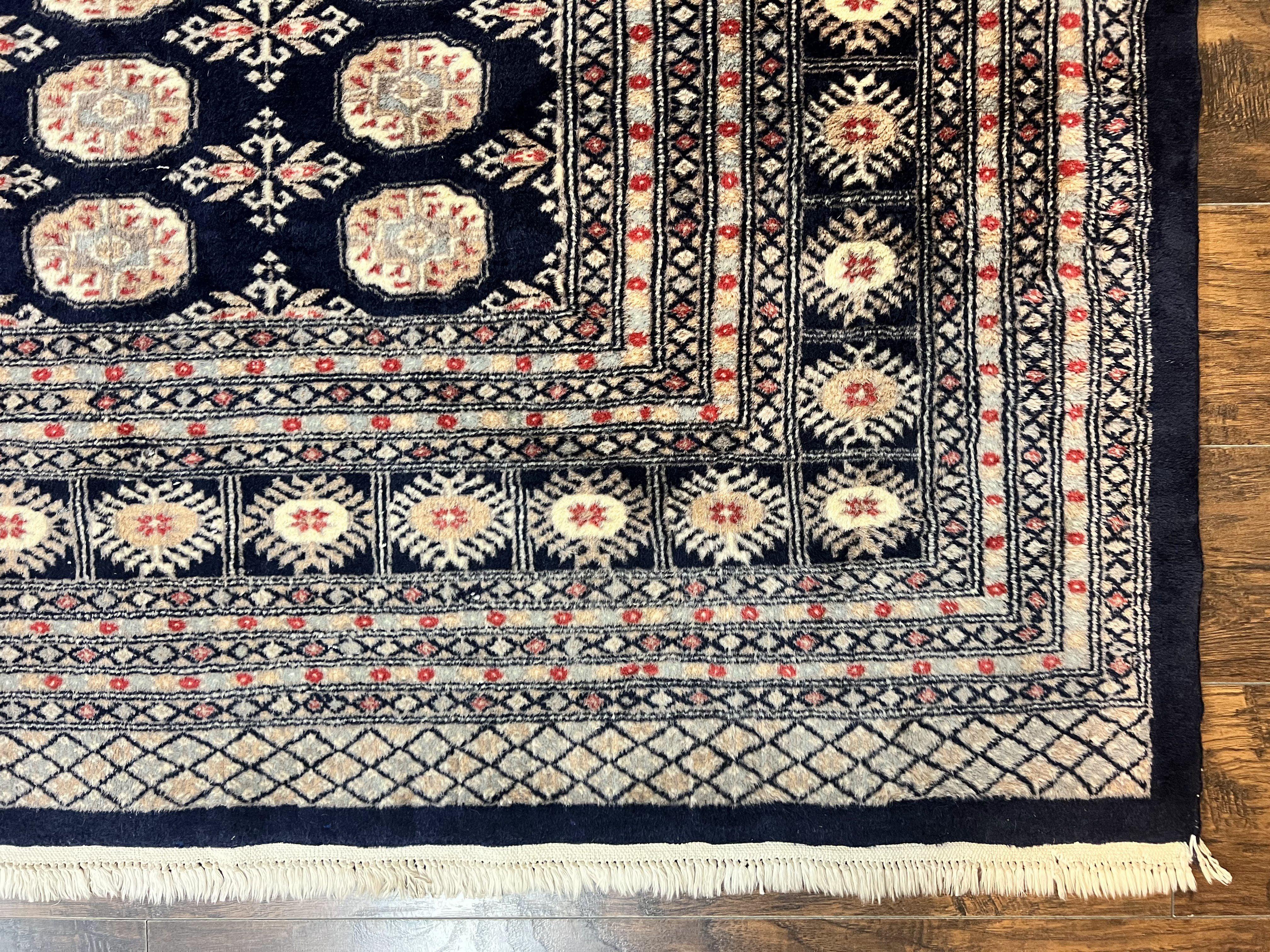 Pakistani Bokhara Rug 8x10, Turkoman Carpet, Dark Blue and Beige, Vintage Handmade Wool Carpet - Jewel Rugs