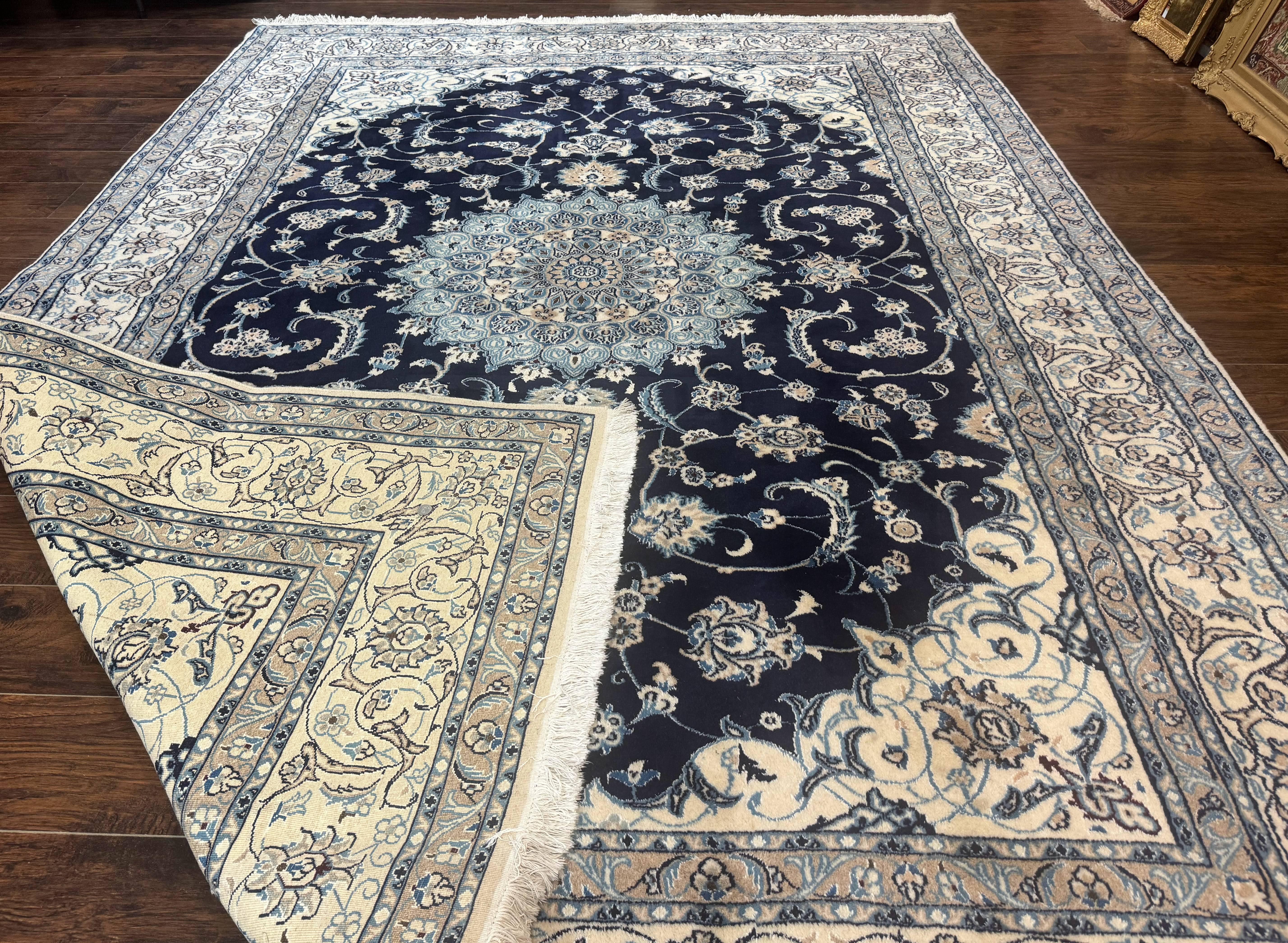 Persian Nain Rug 8x11, Navy Blue and Ivory, Handmade Wool Vintage Carpet, Floral Medallion - Jewel Rugs