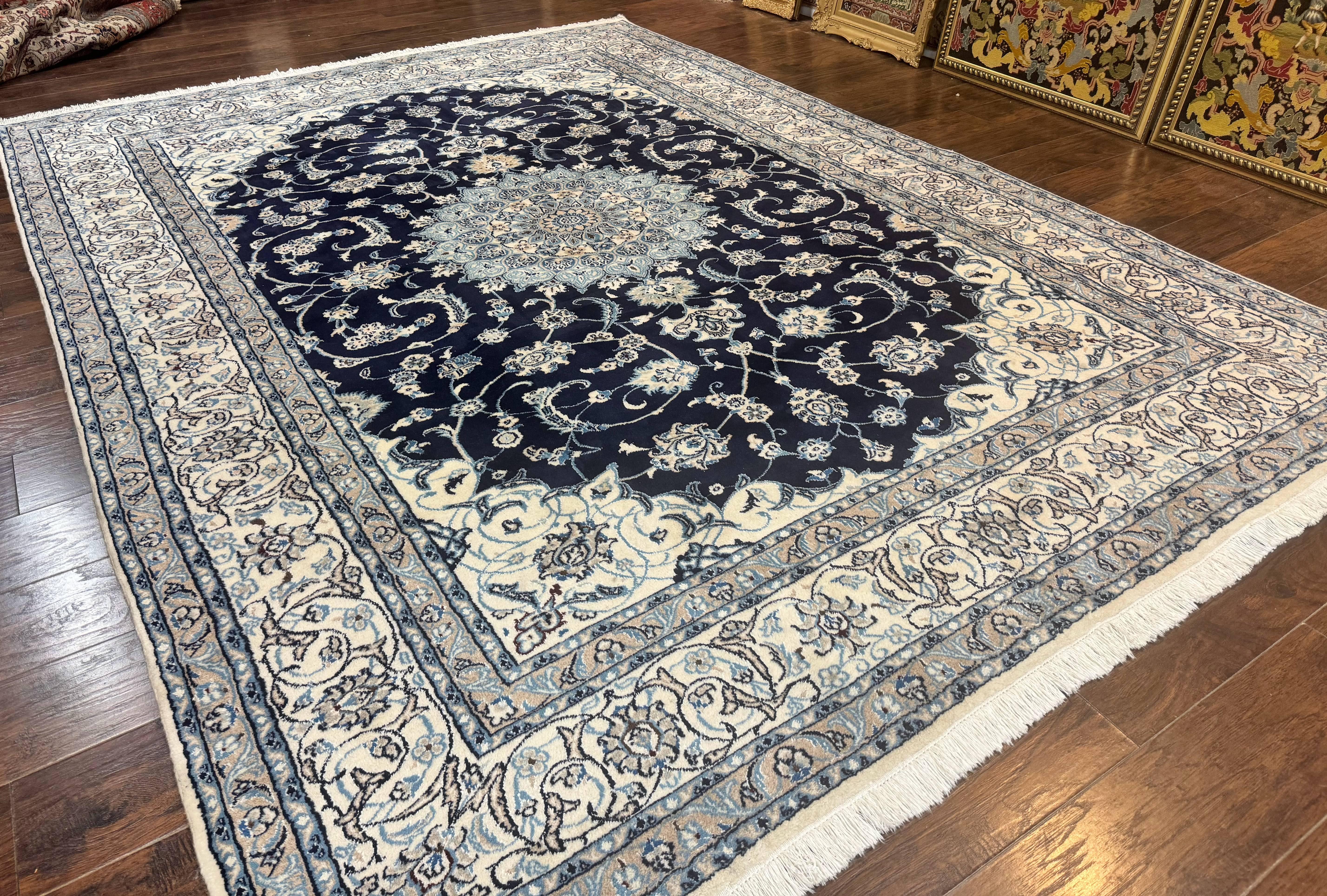 Persian Nain Rug 8x11, Navy Blue and Ivory, Handmade Wool Vintage Carpet, Floral Medallion - Jewel Rugs