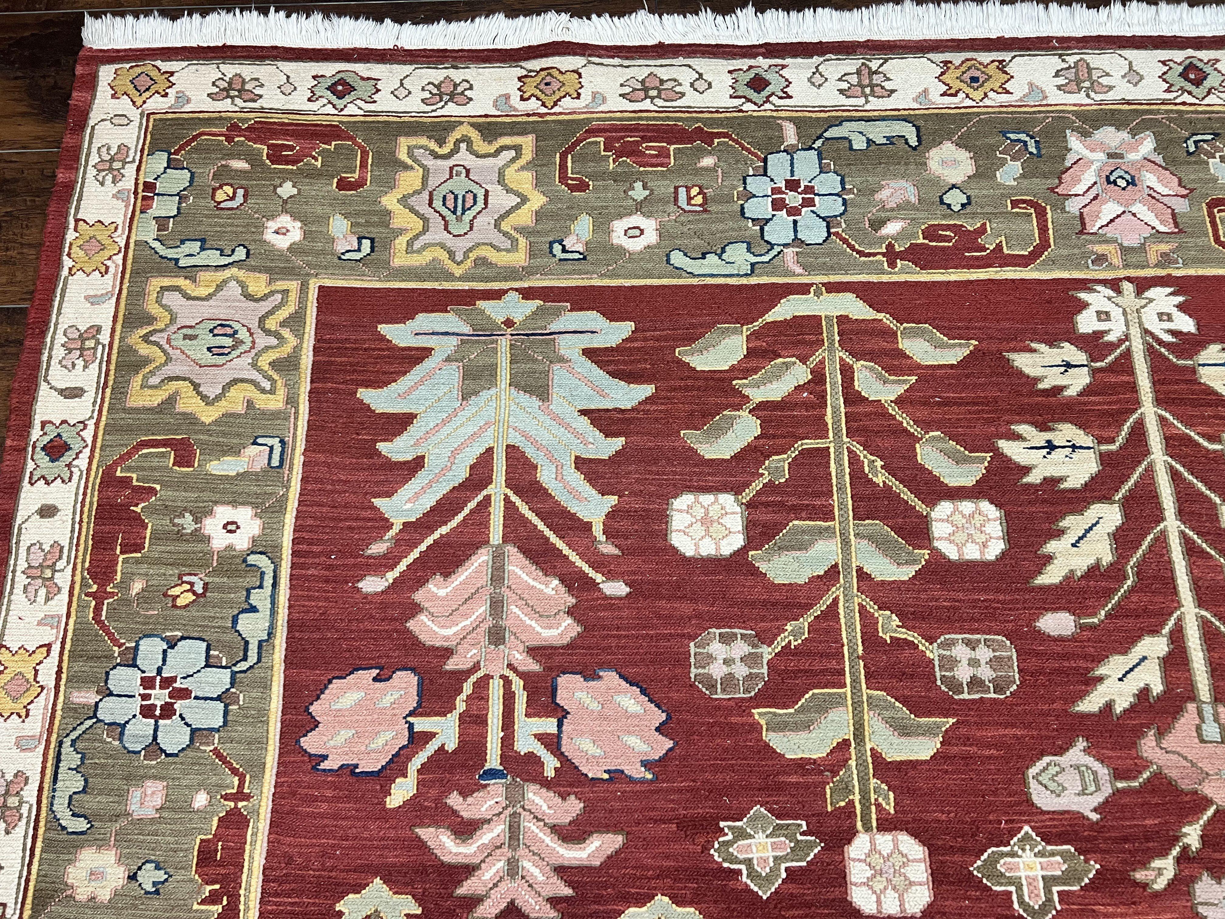 Indian Rug 10x14, Wool Hand Knotted Flatweave Carpet, Tree of Life, Red and Green - Jewel Rugs