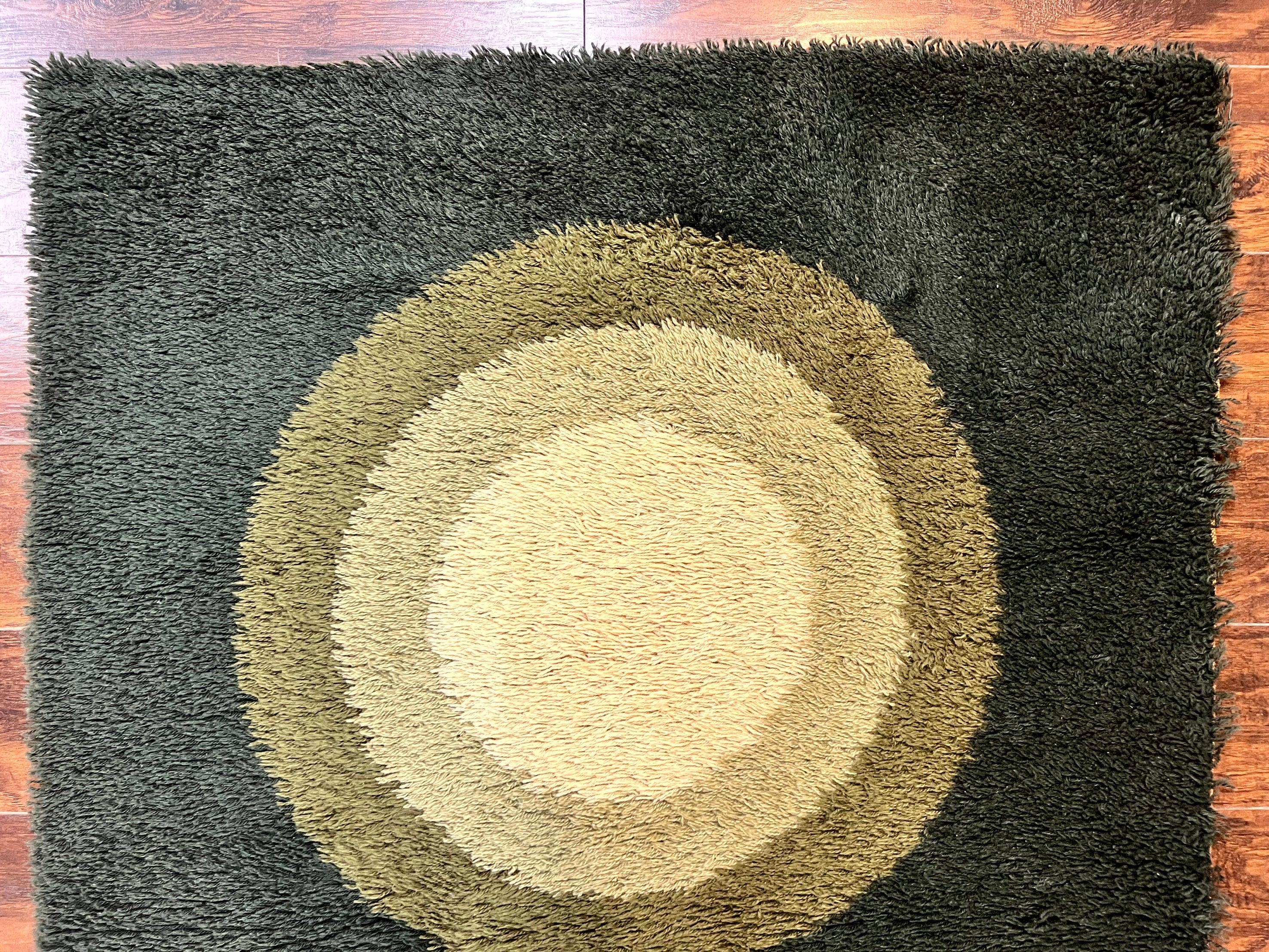 Danish Rya Shag Rug 4x6, Green, Abstract Design, EGE Rya, Vintage Retro Carpet, Mid Century Rya - Jewel Rugs