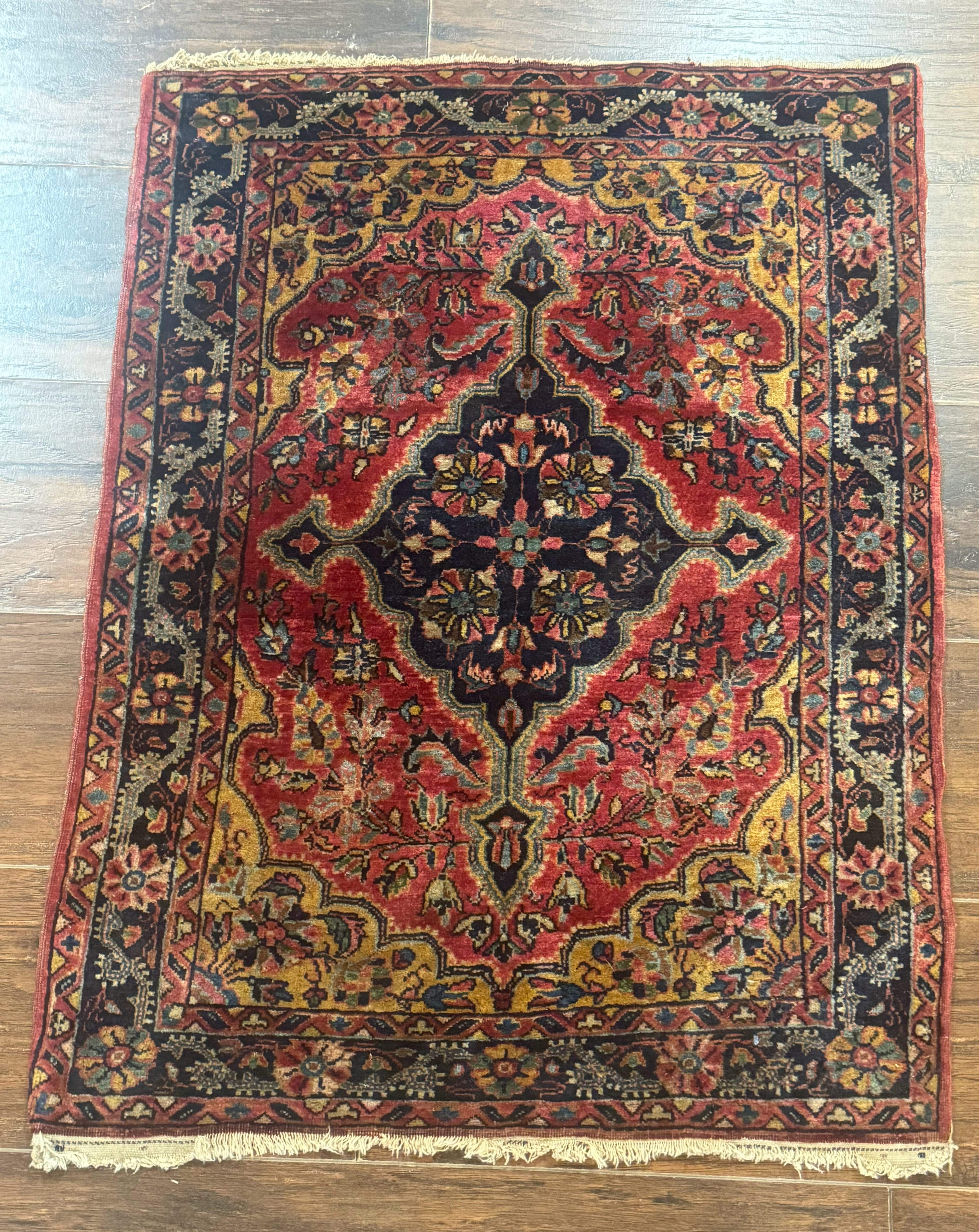 Persian Sarouk Rug 2x3 – Red and Navy, Small Hand-Knotted Wool Antique Accent Rug - Jewel Rugs