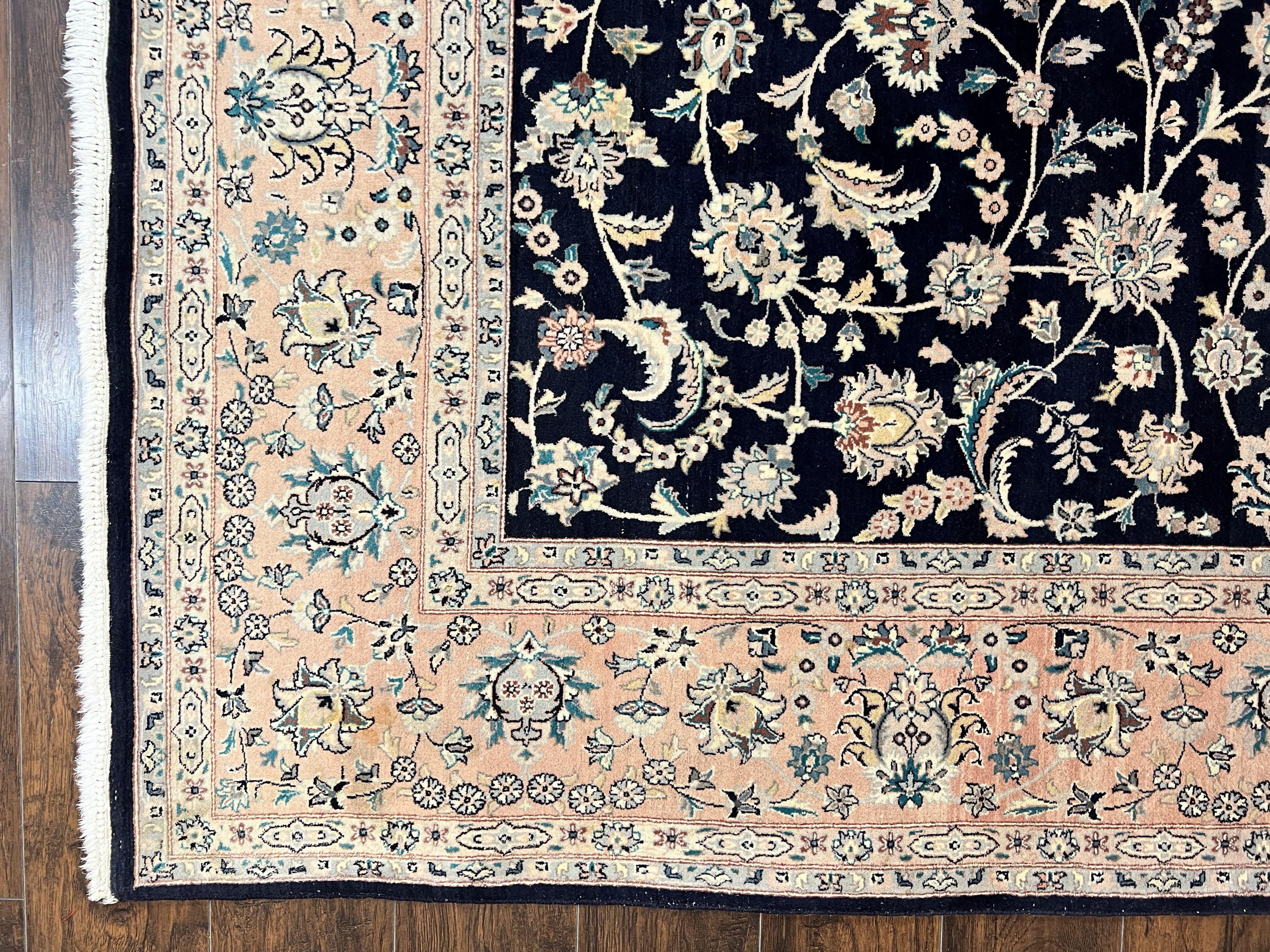 Pak Persian Rug 8x11, Fine Floral Allover Oriental Carpet 8 x 11 ft, Dark Blue and Pink, Room Sized Wool Vintage Rug, Hand Knotted Rug - Jewel Rugs