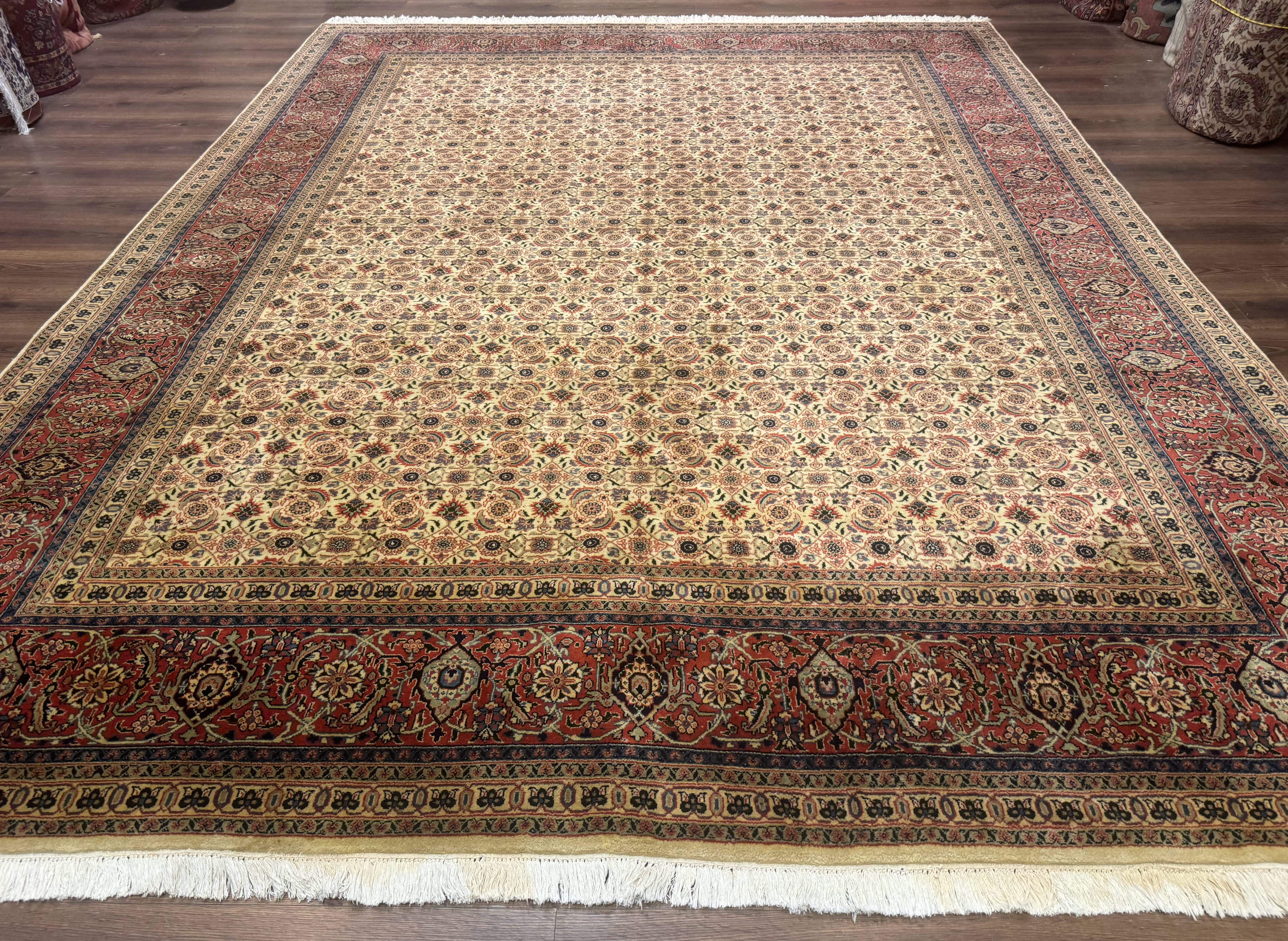 Indo Persian Rug 9x12, Beige and Rust Red, Fine, Allover Pattern, Wool Hand Knotted - Jewel Rugs