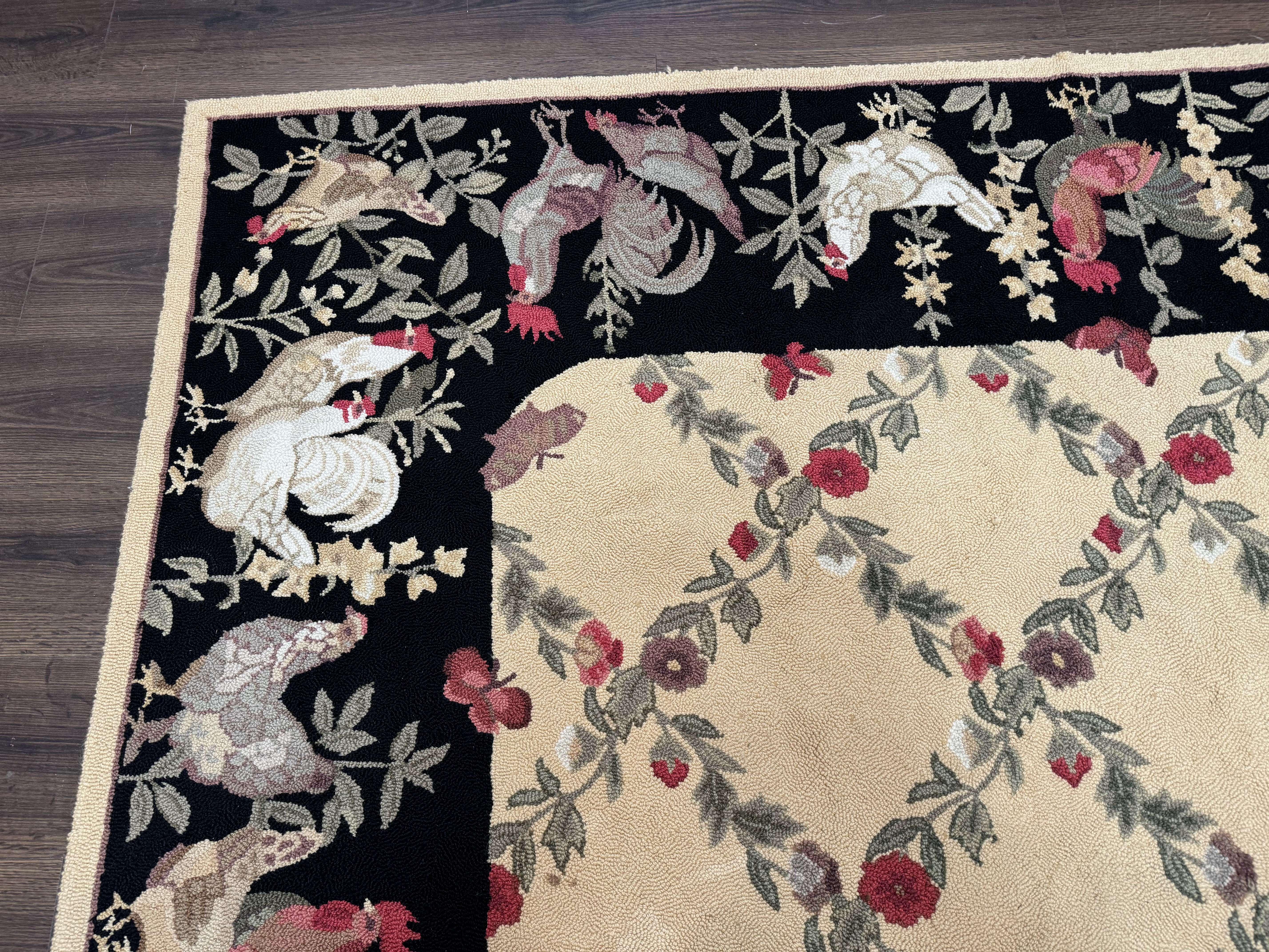 Vintage Hooked Rug 7x9, Rosters in Border, Roses and Butterflies - Jewel Rugs