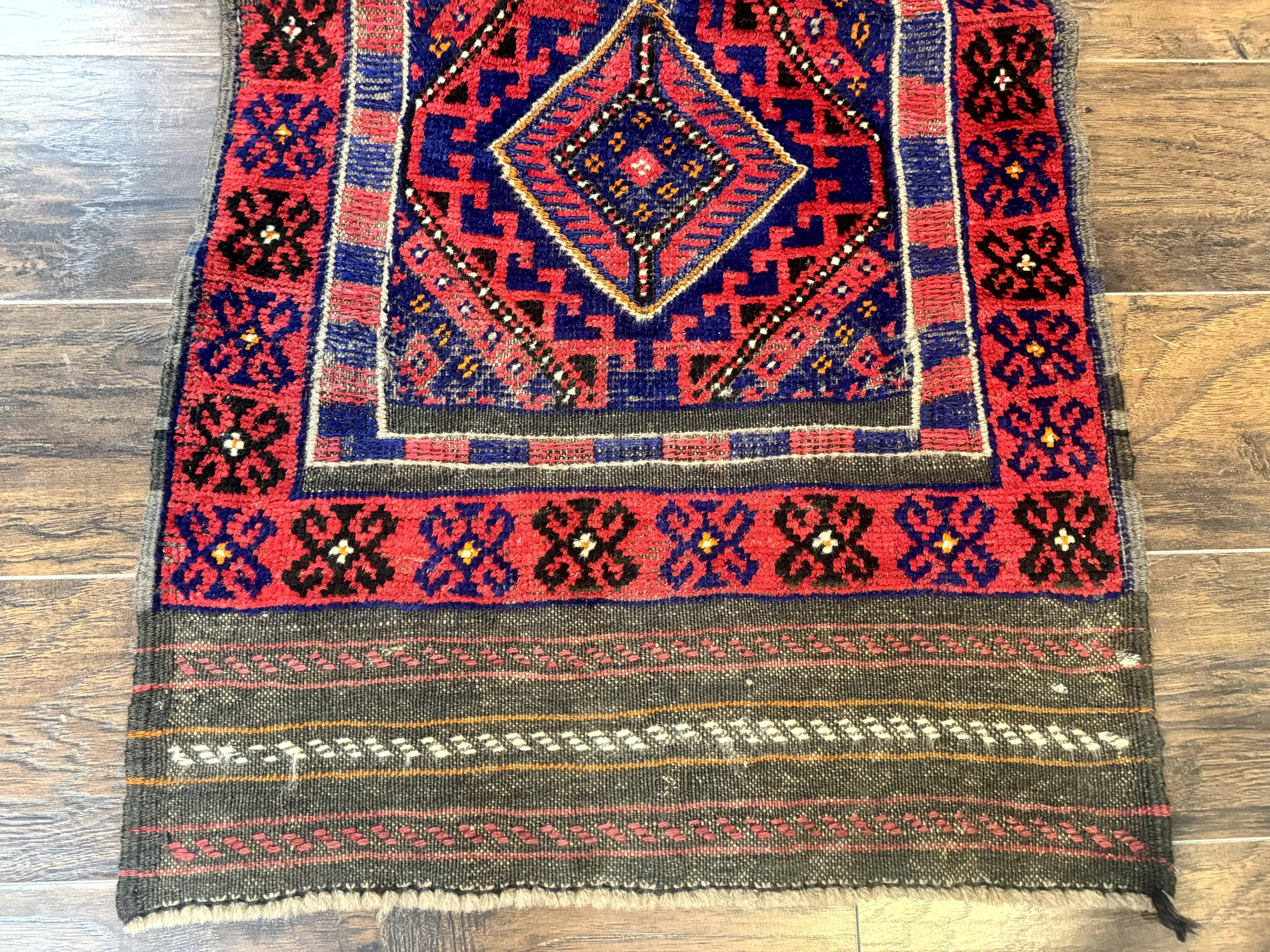 Turkoman Runner Rug 2 x 8.6, Skinny Runner, Handmade Wool Carpet for Hallway, Red and Blue, Wool, Vintage 8ft Runner - Jewel Rugs