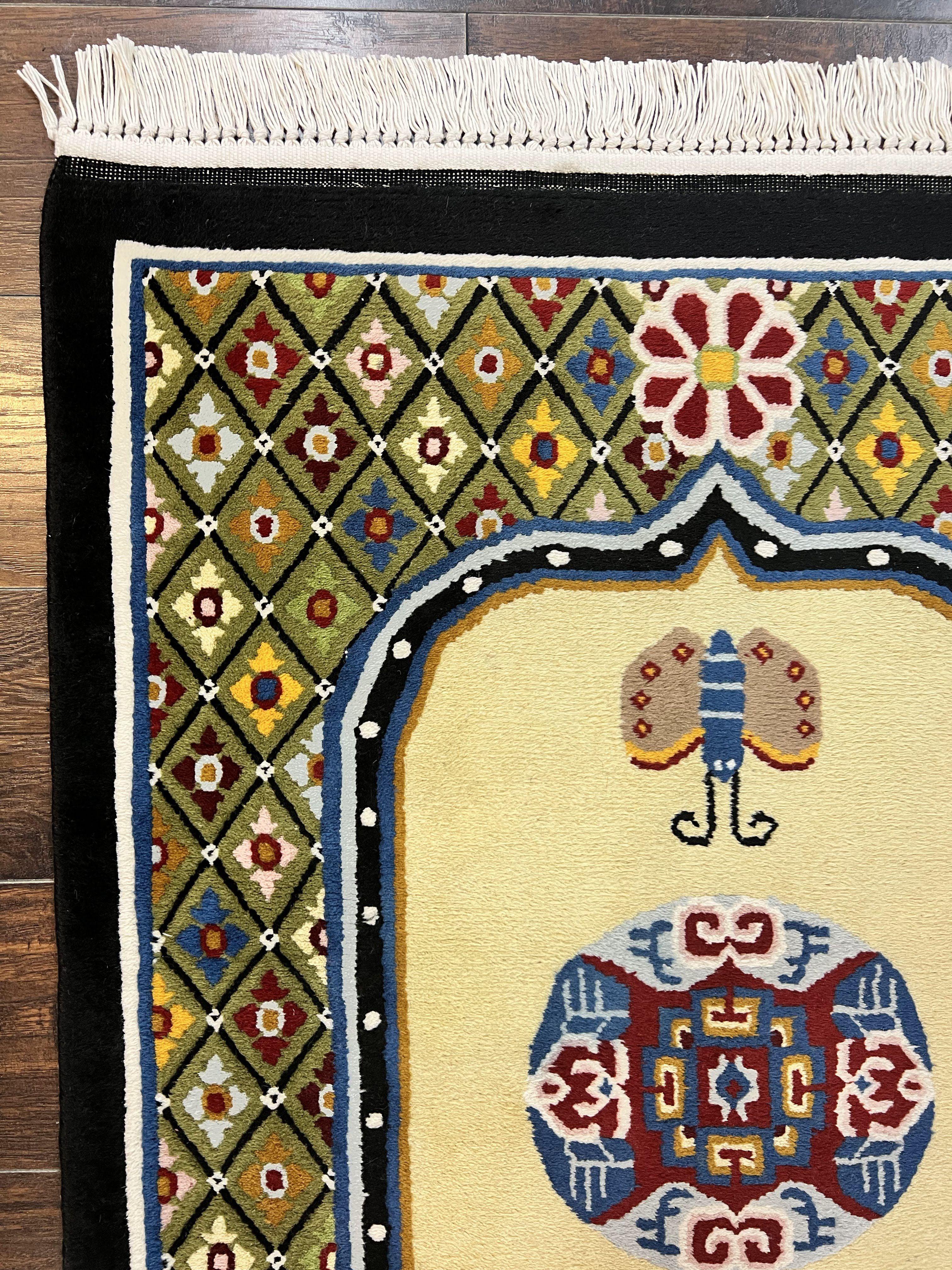 Chinese Rug 3x6 ft, Chinese Wool Rug, Tiensin Rug, Handmade Wool 3 x 6 Vintage Peking Rug, Art Deco Rug, Butterflies - Jewel Rugs