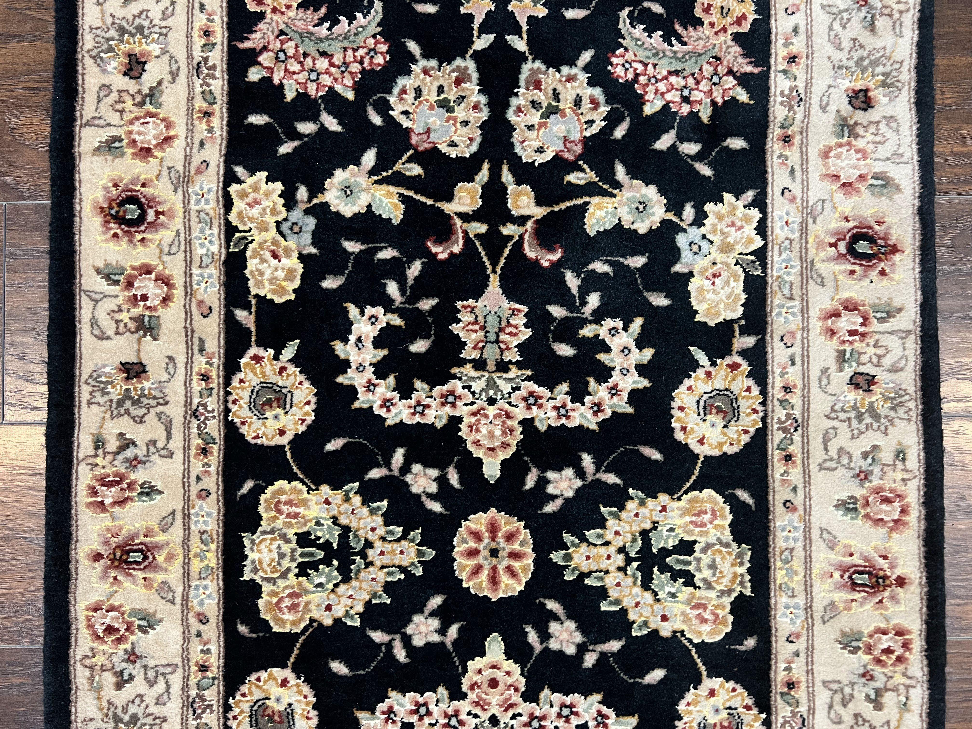 Sino Persian Short Runner Rug 2.7 x 6, Wool and Silk Highlights Black and Beige Handmade Vintage Floral Allover Oriental Carpet, Hallway Rug - Jewel Rugs