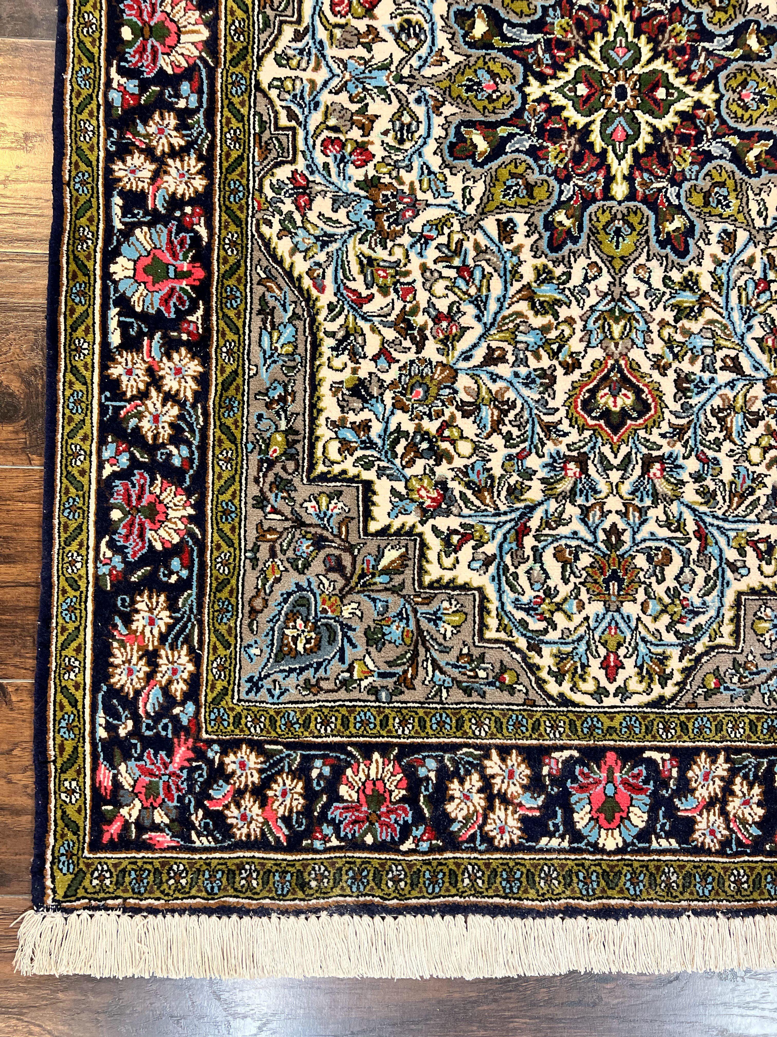 Persian Qum Rug 3x5, Wool with Silk Highlights, Handmade Semi Antique Carpet, Ivory & Navy Blue, Floral Medallion, Finely Hand Knotted - Jewel Rugs