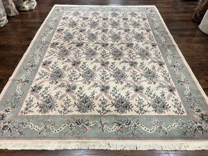 Belgium Power Loomed Rug 8x11, Ivory and Green, Wool Carpet, Floral