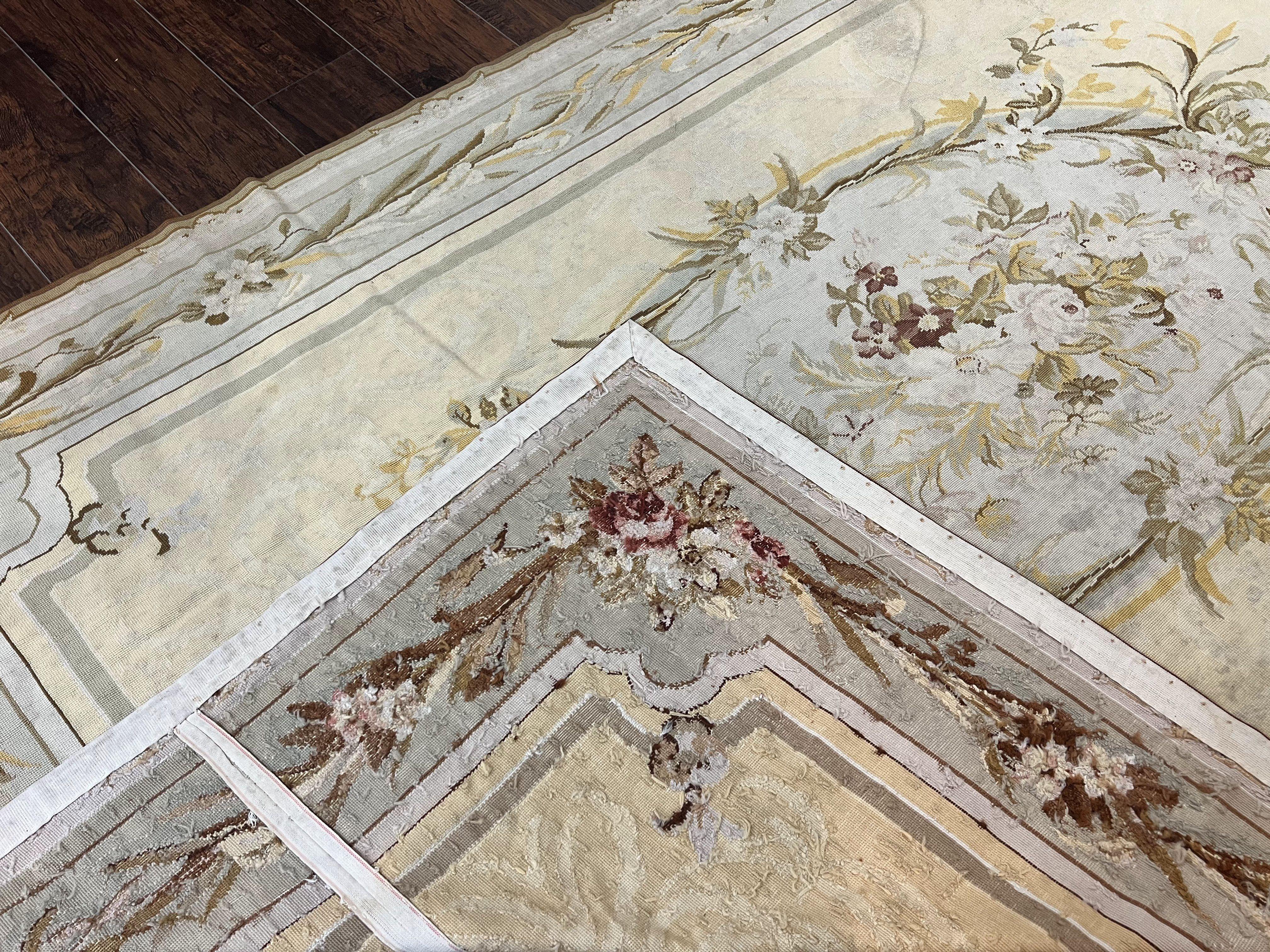 Needlepoint Rug 6x9, Elegant European Design Aubusson Carpet, Vintage Wool Handmade Rug, Light Yellow Ivory - Jewel Rugs