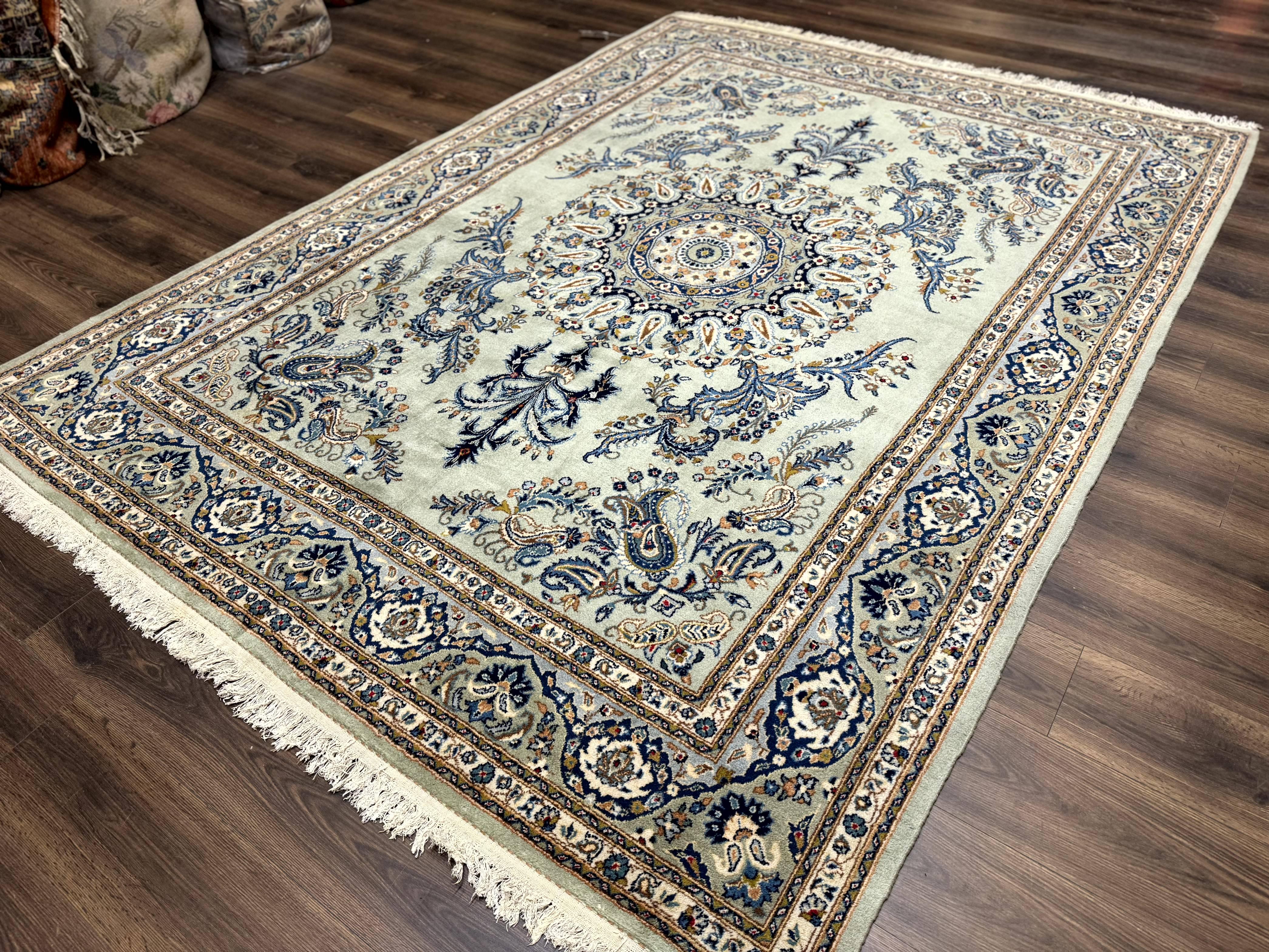 Light Green and Blue Persian Kashan Rug 7x10, Authentic Persian Carpet, Handmade, Wool - Jewel Rugs
