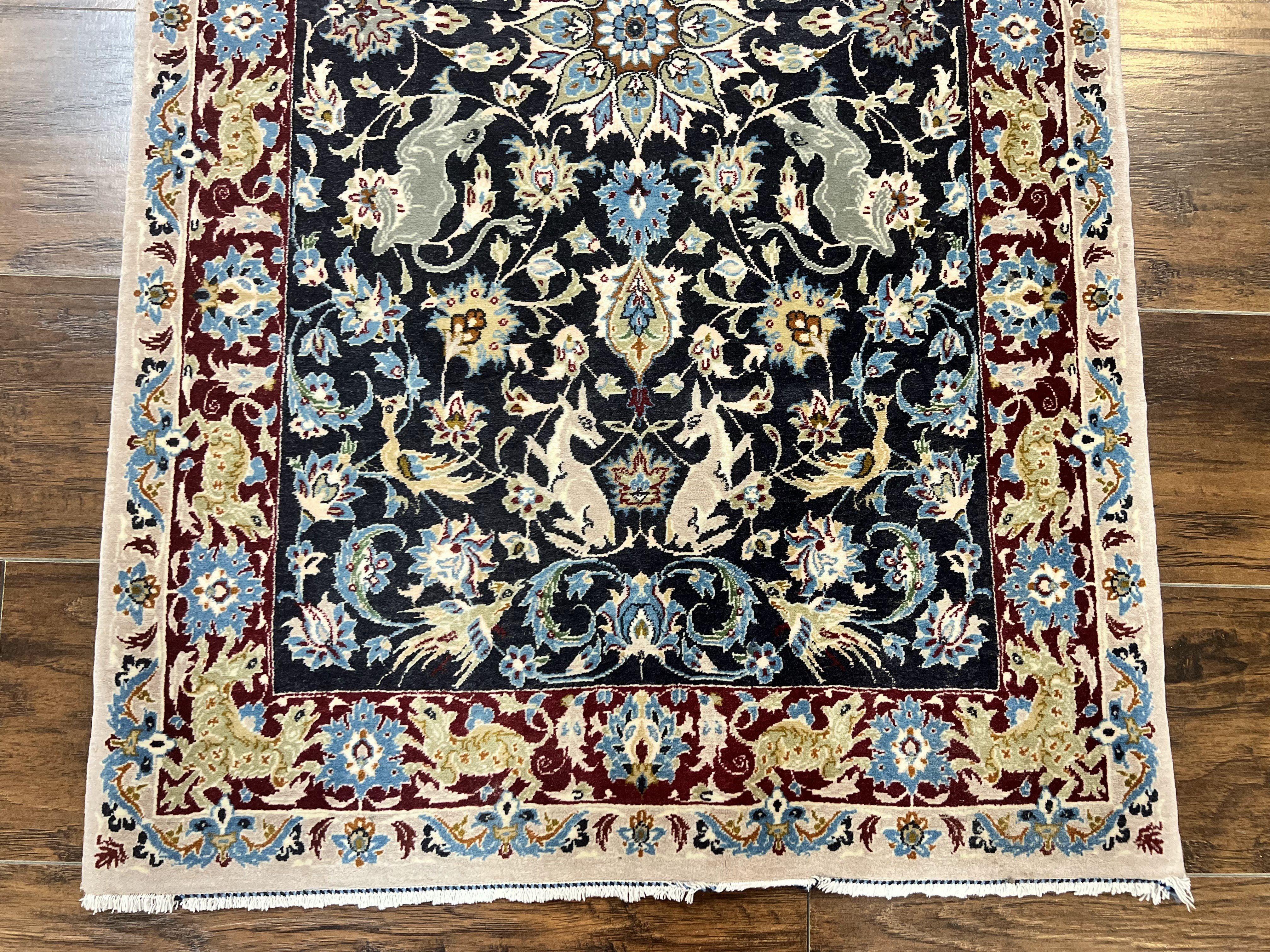 Wonderful Persian Isfahan Rug 2.4 x 4, Animal Pictorials Deer, Floral, Handmade Vintage Navy Blue Small Persian Carpet, Very Fine 430 KPSI Kork Wool - Jewel Rugs
