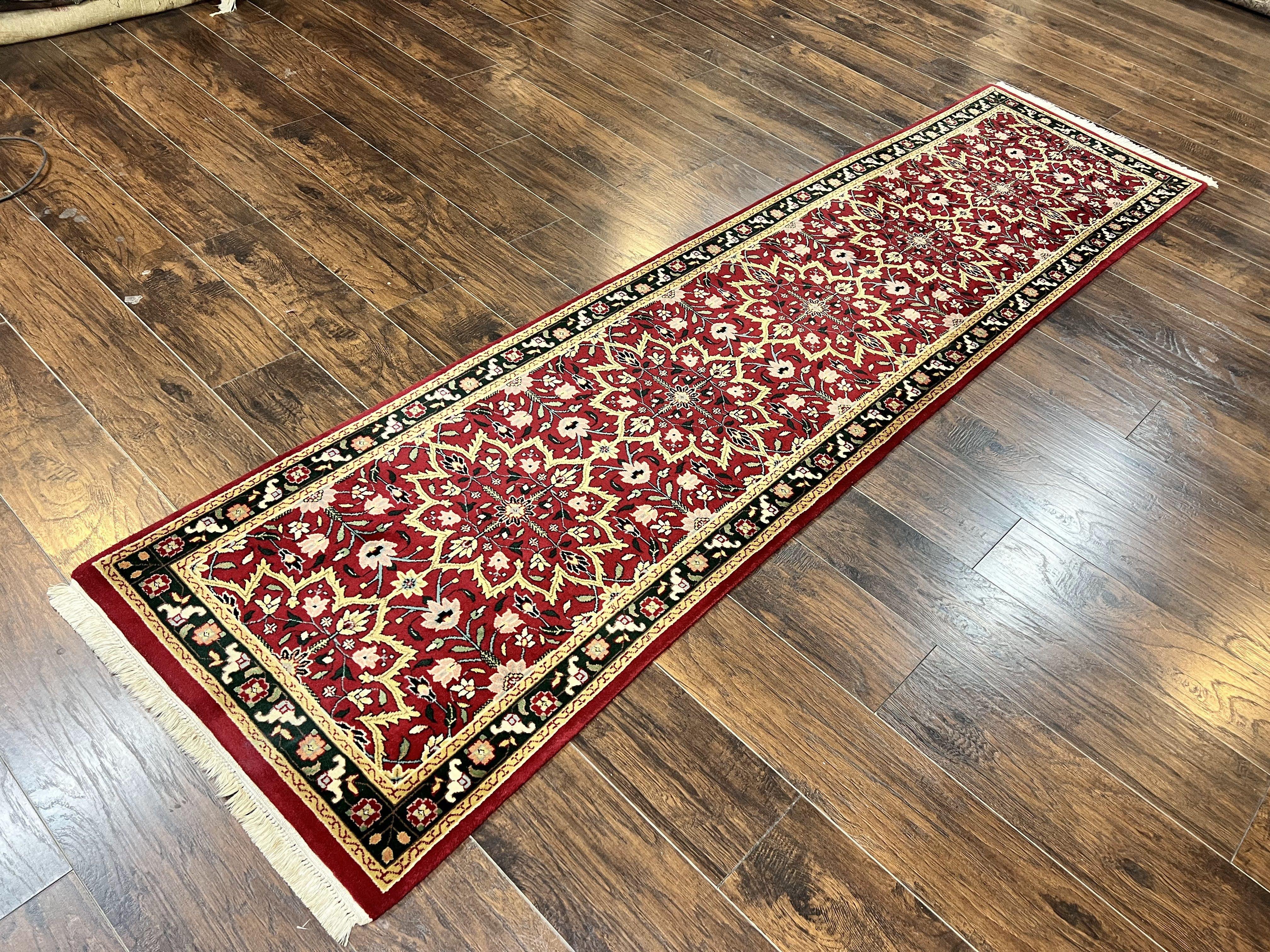 Indo Sarouk Runner Rug 2.6 x 10 ft, Floral Hand Knotted Wool Handmade Vintage Indian Hallway Rug, Red Tan Black, 10ft Persian Runner - Jewel Rugs