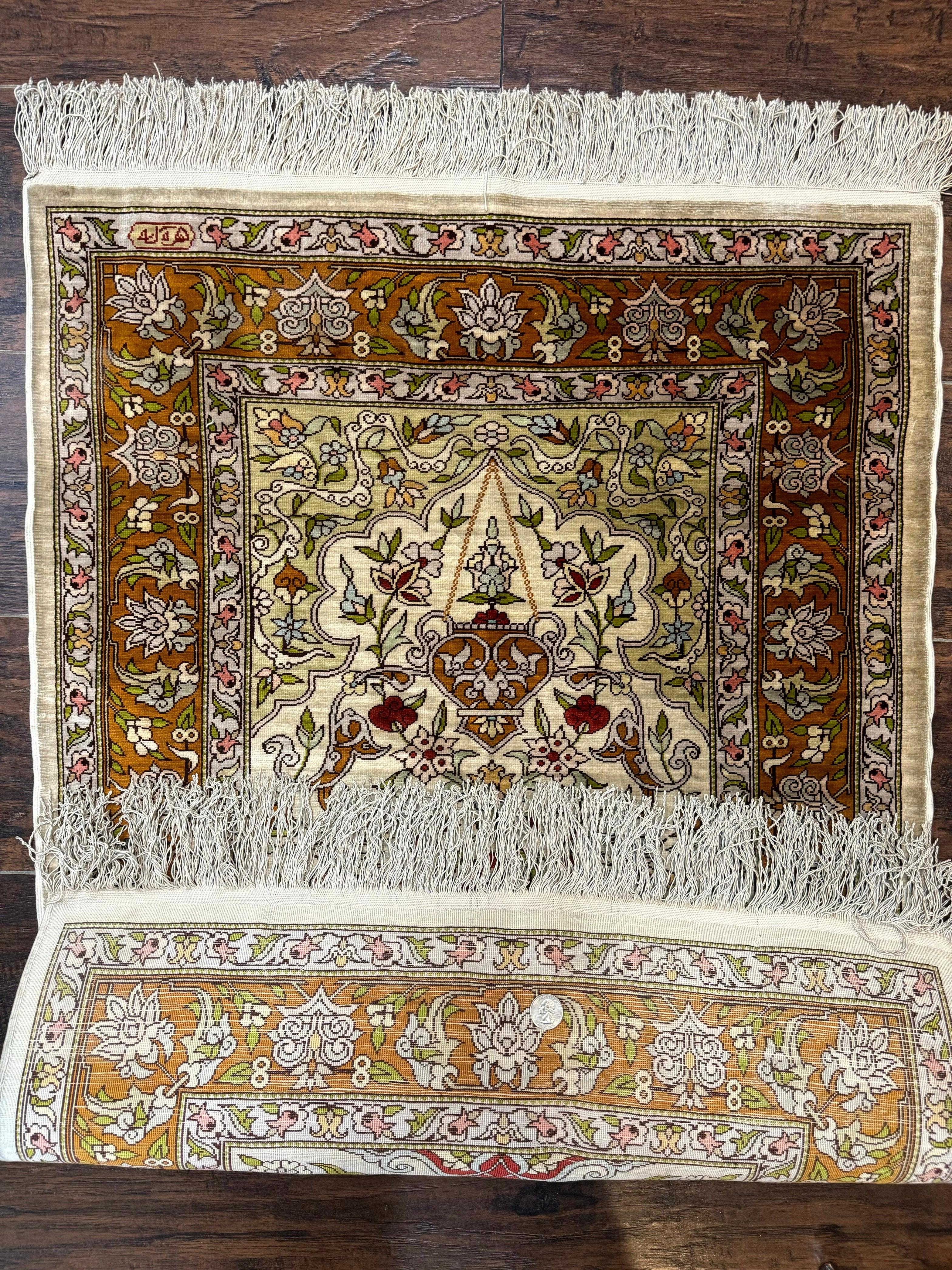 Silk Turkish Hereke Rug 2x3, Birds Lantern Very Fine 400 KPSI, Signed by Masterweaver, Wonderful, Rare, Small Hereke Rug - Jewel Rugs