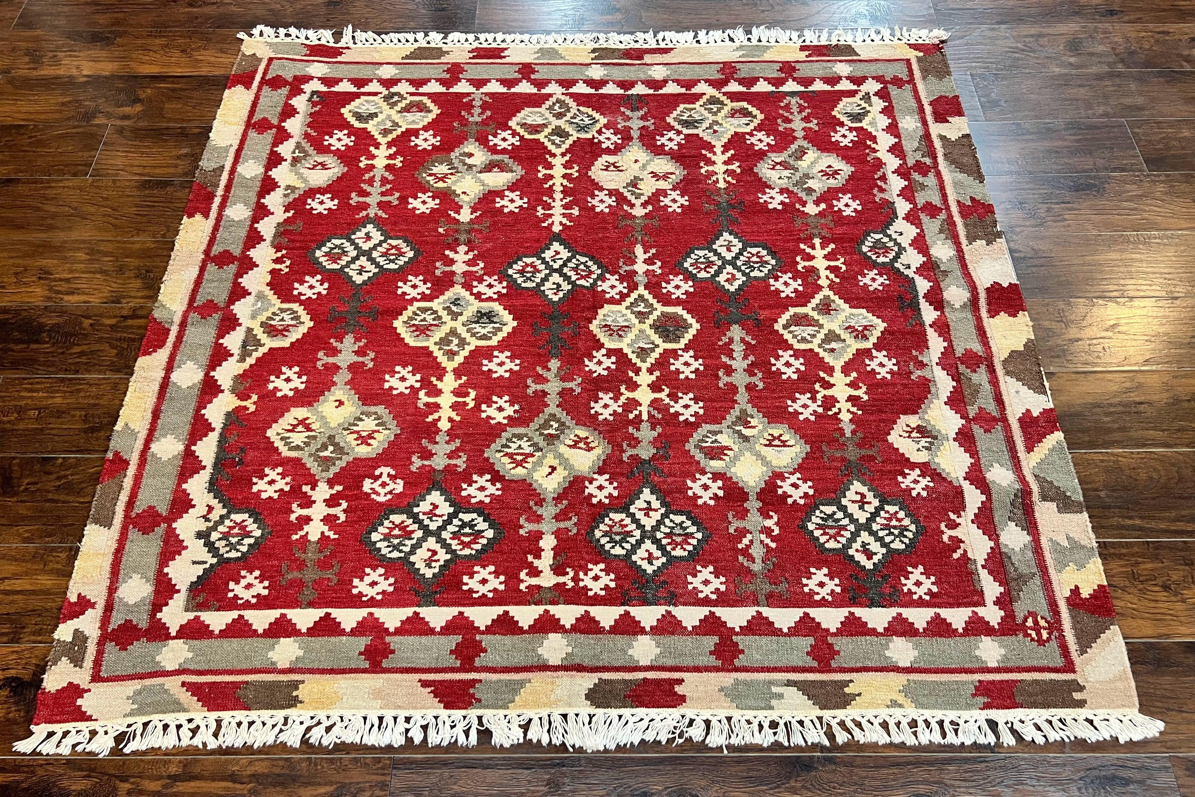 Indian Kilim Rug 6x6, Square Kilim Flatweave Carpet, Vintage Handmade Wool Rug, Red - Jewel Rugs