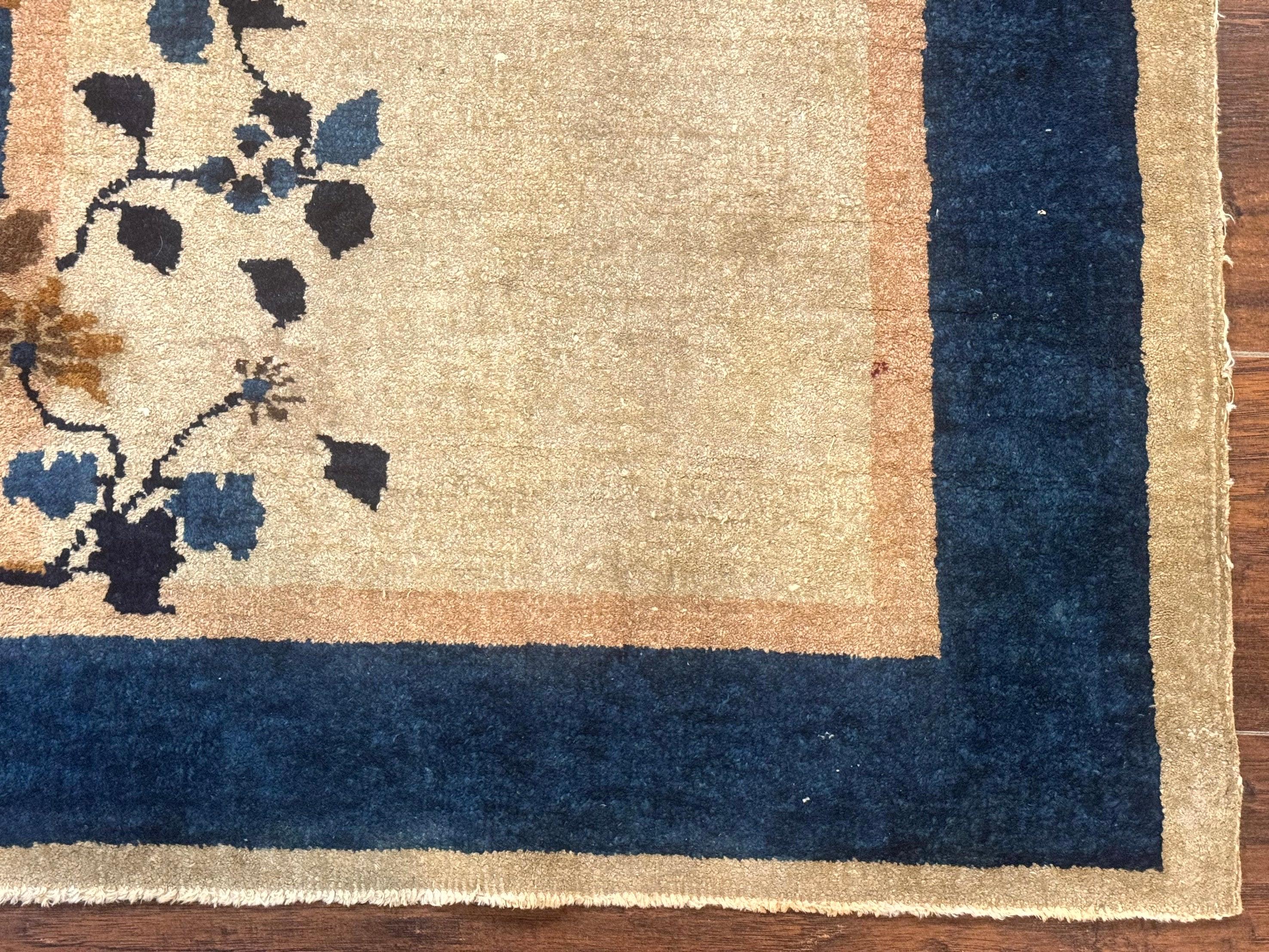 Antique Chinese Wool Rug 2.7 x 5, Simple Design, Peking Carpet, 1920s Rug, Beige and Blue, Floral - Jewel Rugs