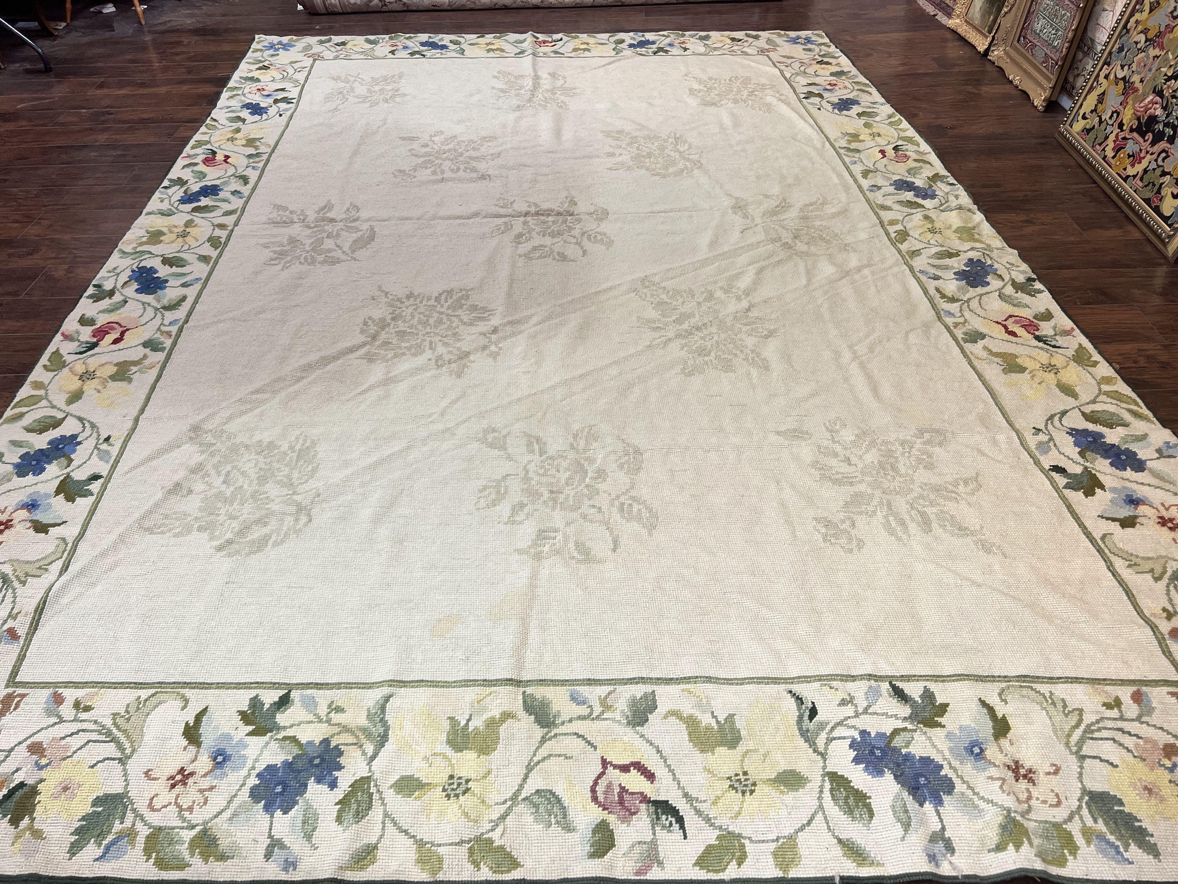 Spanish Needlepoint Rug 9x14, Floral, European Design, Handmade, Vintage Needlepoint Carpet, Room Sized Wool Rug - Jewel Rugs