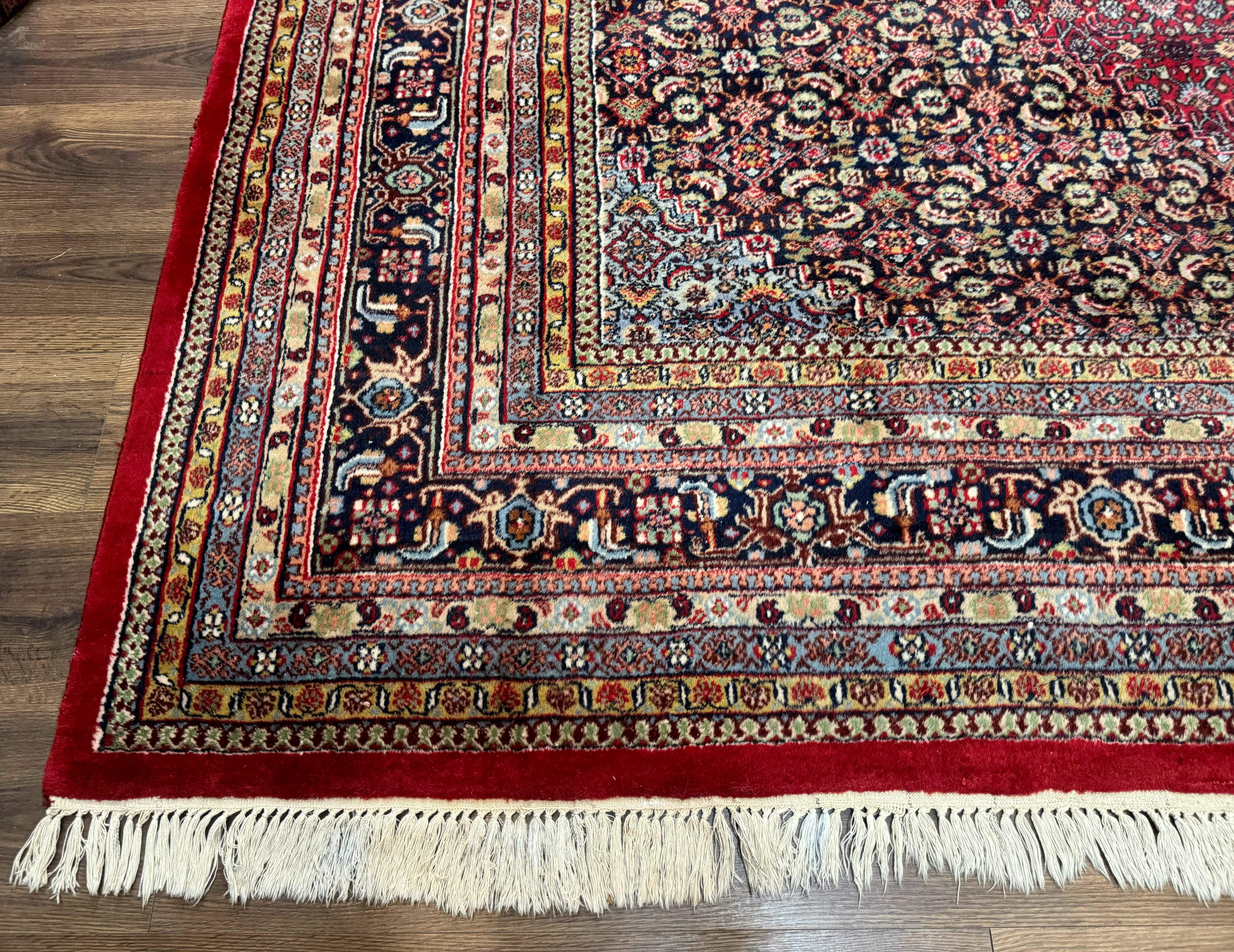 Indo Persian Bidjar Rug 10x14, Red and Dark Blue, Herati Mahi Pattern, Vintage - Jewel Rugs