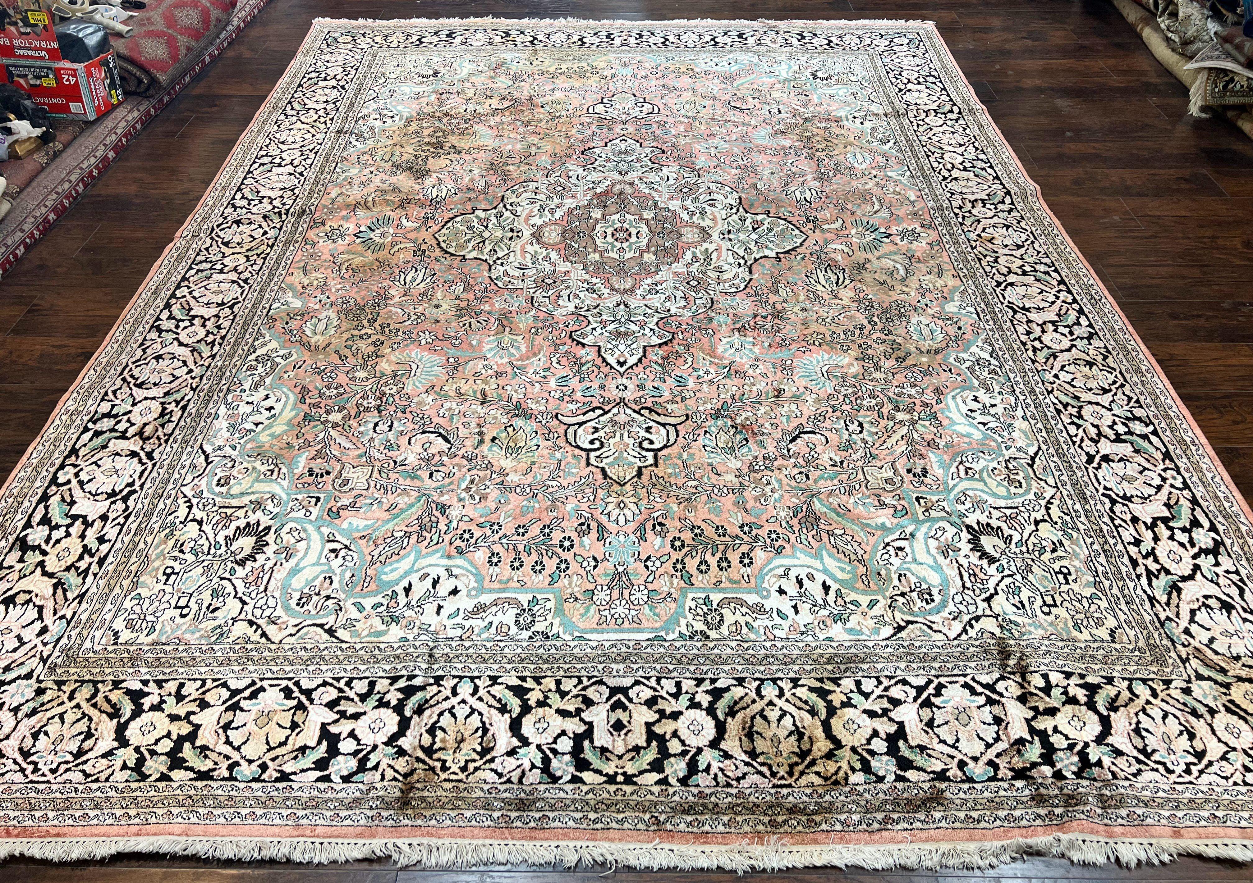 Indian Kashmiri Silk Rug 9x12, Vintage Rug 9 x 12 ft, Salmon Ivory Black Hand-Knotted Silk on Cotton Oriental Floral Carpet, Traditional Rug - Jewel Rugs