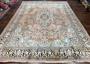 Indian Kashmiri Silk Rug 9x12, Vintage Rug 9 x 12 ft, Salmon Ivory Black Hand-Knotted Silk on Cotton Oriental Floral Carpet, Traditional Rug