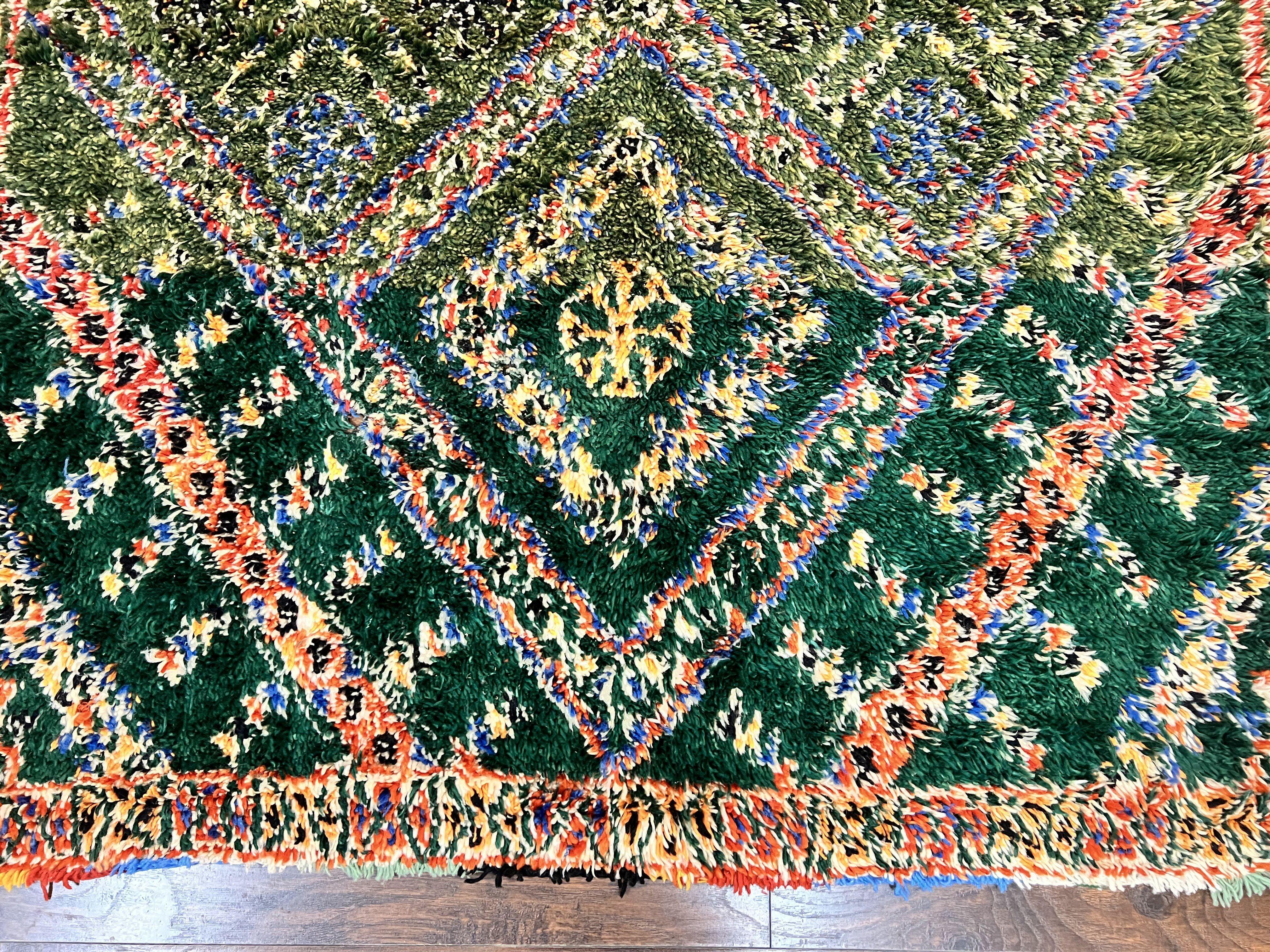 Large Moroccan Shag Rug 6x12, Green Multicolor Colorful Boho Rug, Handmade Hand Knotted Wool Carpet, Geometric Design, Vintage Rug - Jewel Rugs