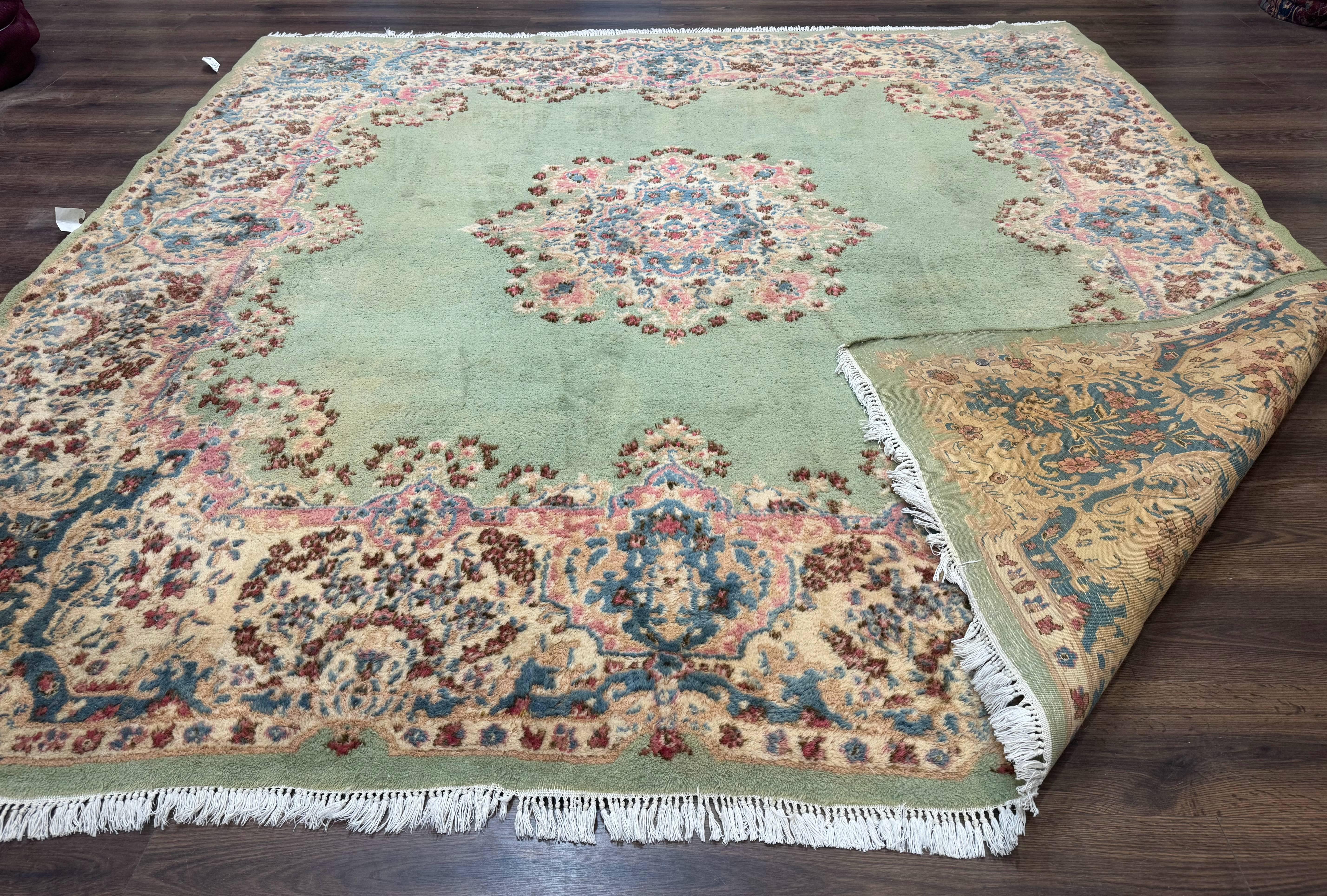 Green Persian Rug 10x10, Large Square Persian Carpet, Wool Rug, Open Field, Green and Beige Rug, Kerman Rug - Jewel Rugs