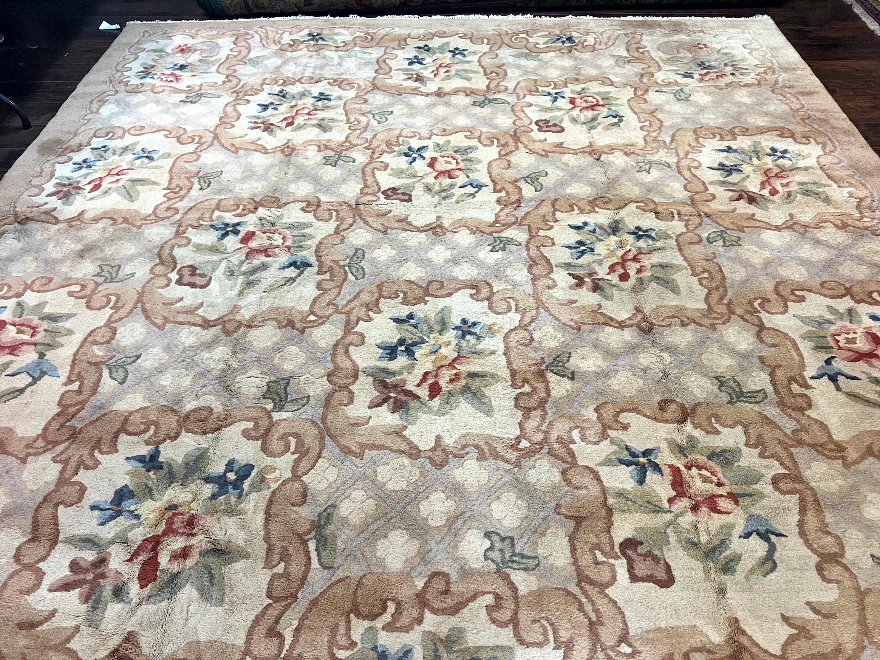 Indo Chinese Aubusson Wool Rug 11x16, Palace Sized Carpet, Oversized Handmade Vintage Rug, European Design - Jewel Rugs
