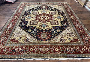Indo Persian Heriz Rug 8x10, Geometric Medallion, Serapi Carpet, Wool Vintage Rug