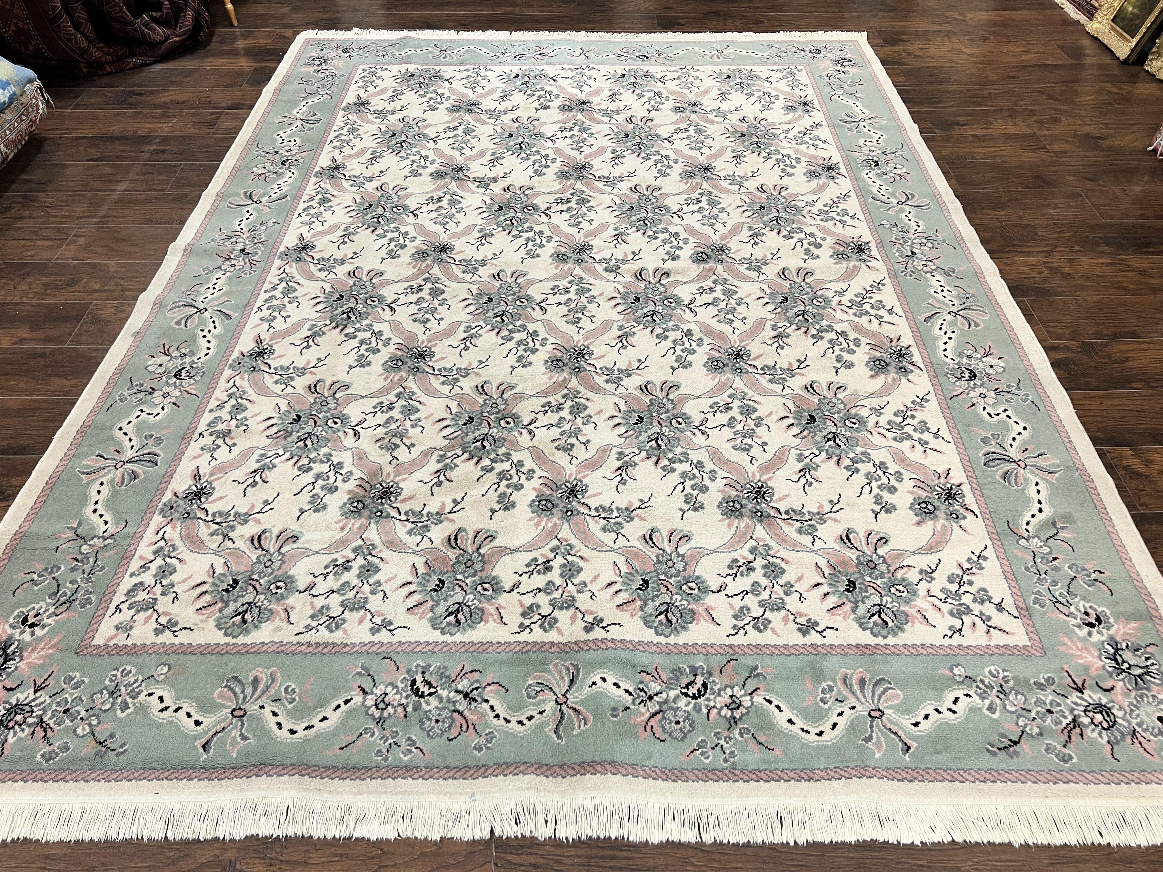 Belgium Power Loomed Rug 8x11, Ivory and Green, Wool Carpet, Floral - Jewel Rugs