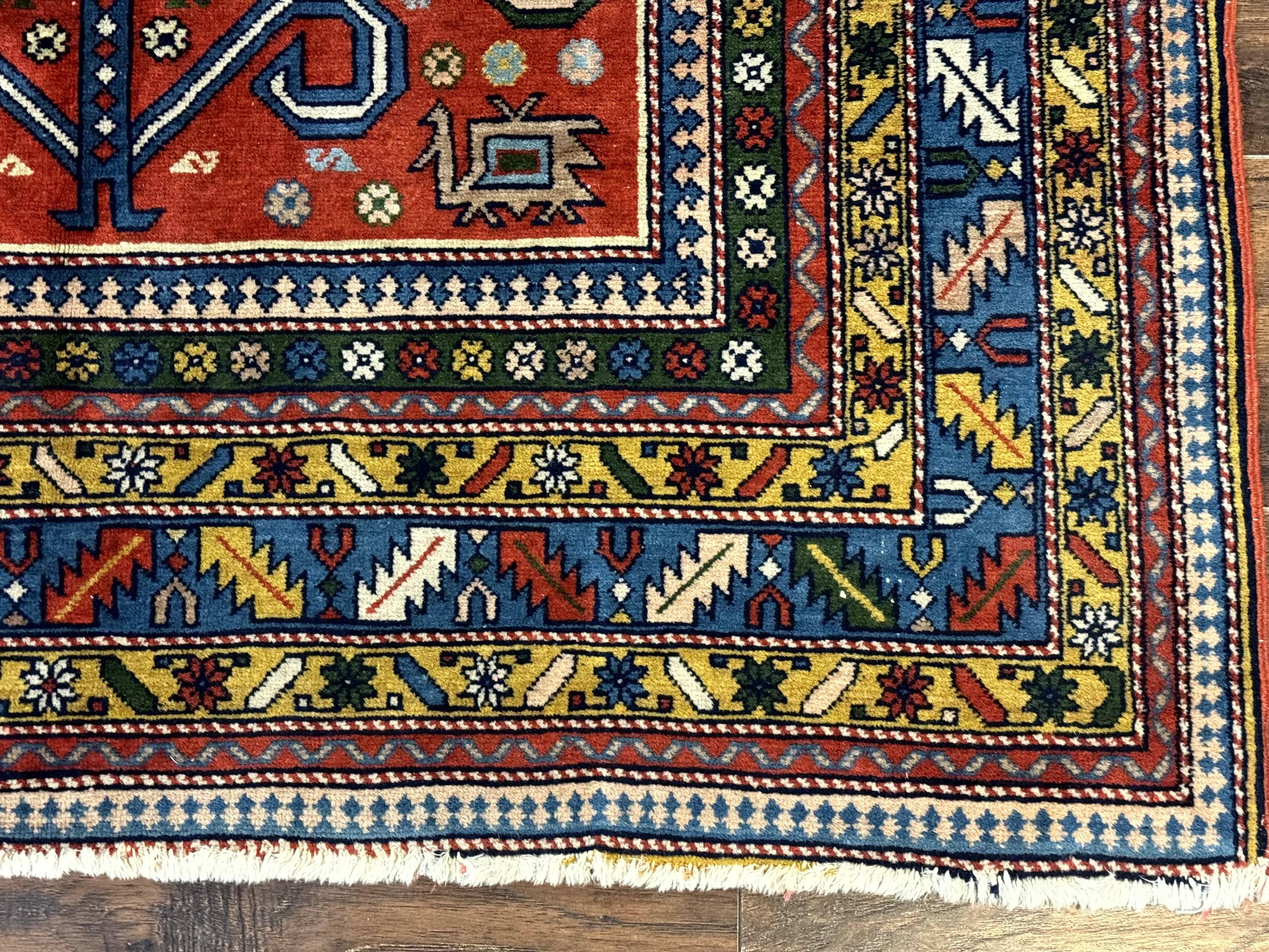 Colorful Persian Ardabil Rug 4x7, Red Blue Gold, Geometric Caucasian Design, Vintage - Jewel Rugs