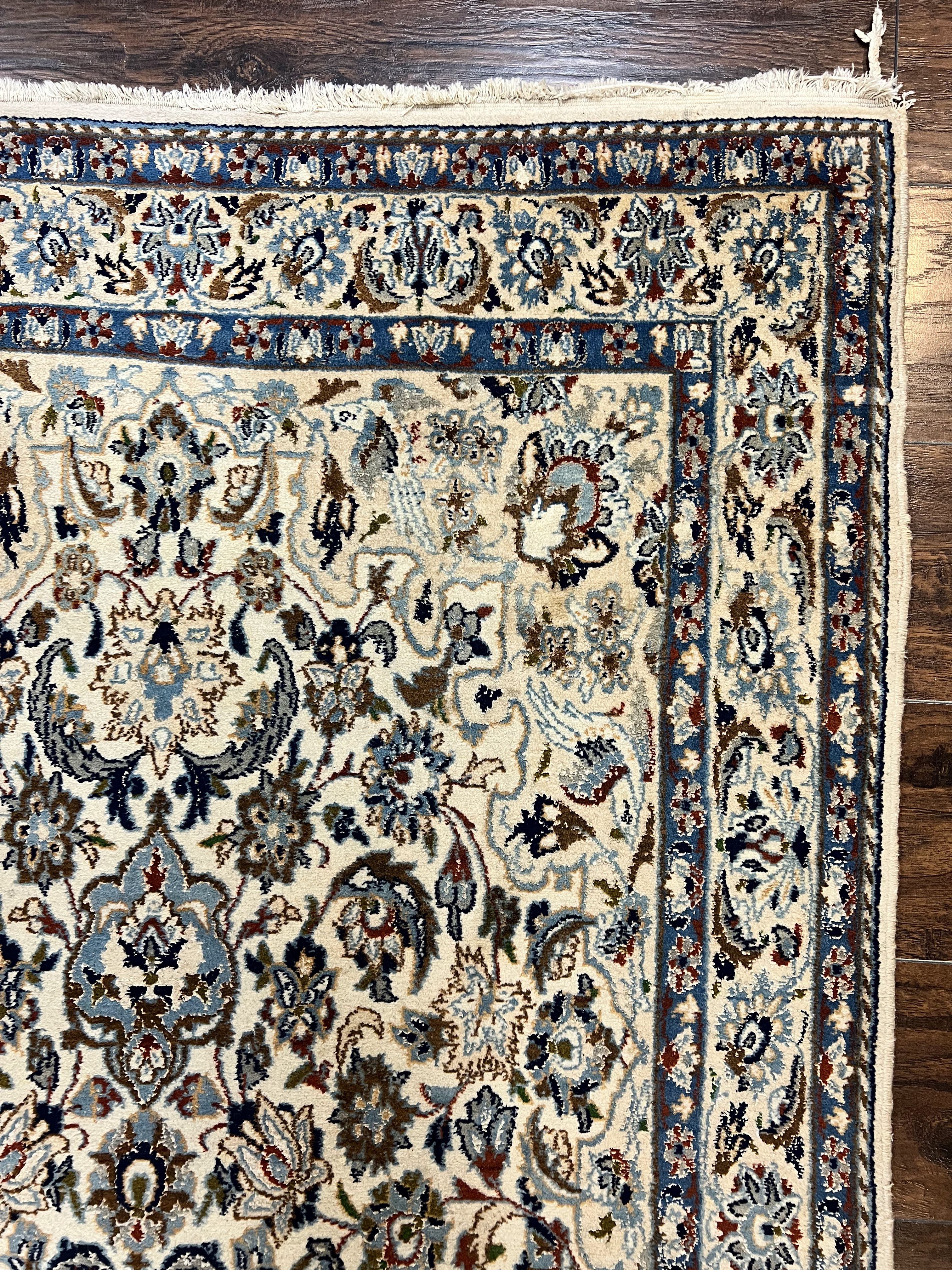 Persian Nain Rug 4x7, Floral Medallion Oriental Carpet 4 x 7 ft, Ivory Persian Rug, Handmade Hand Knotted Vintage, Wool & Silk Highlights, Birds - Jewel Rugs