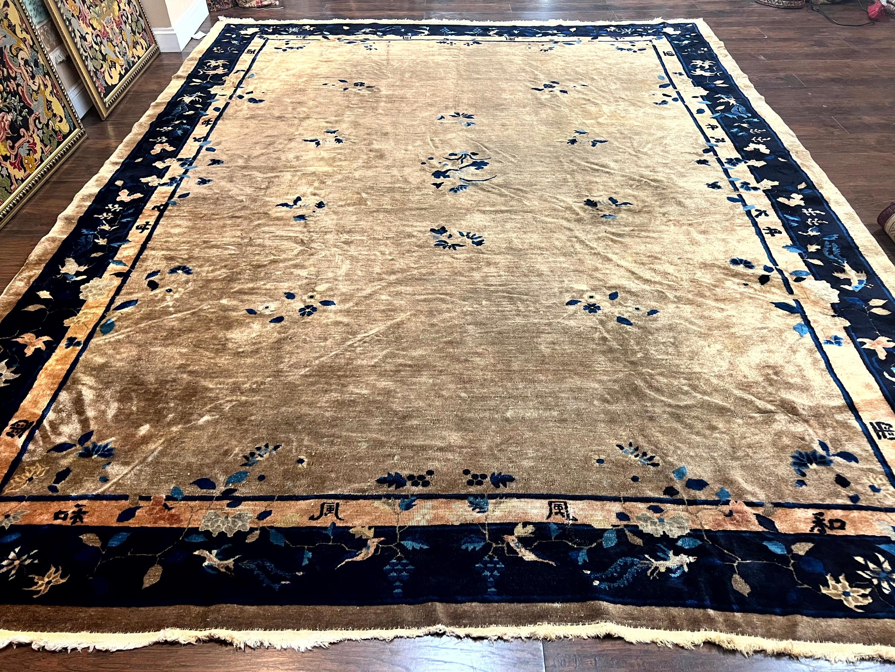 Antique Chinese Wool Rug 10x13, Large 1920s Peking Carpet, Handmade - Jewel Rugs